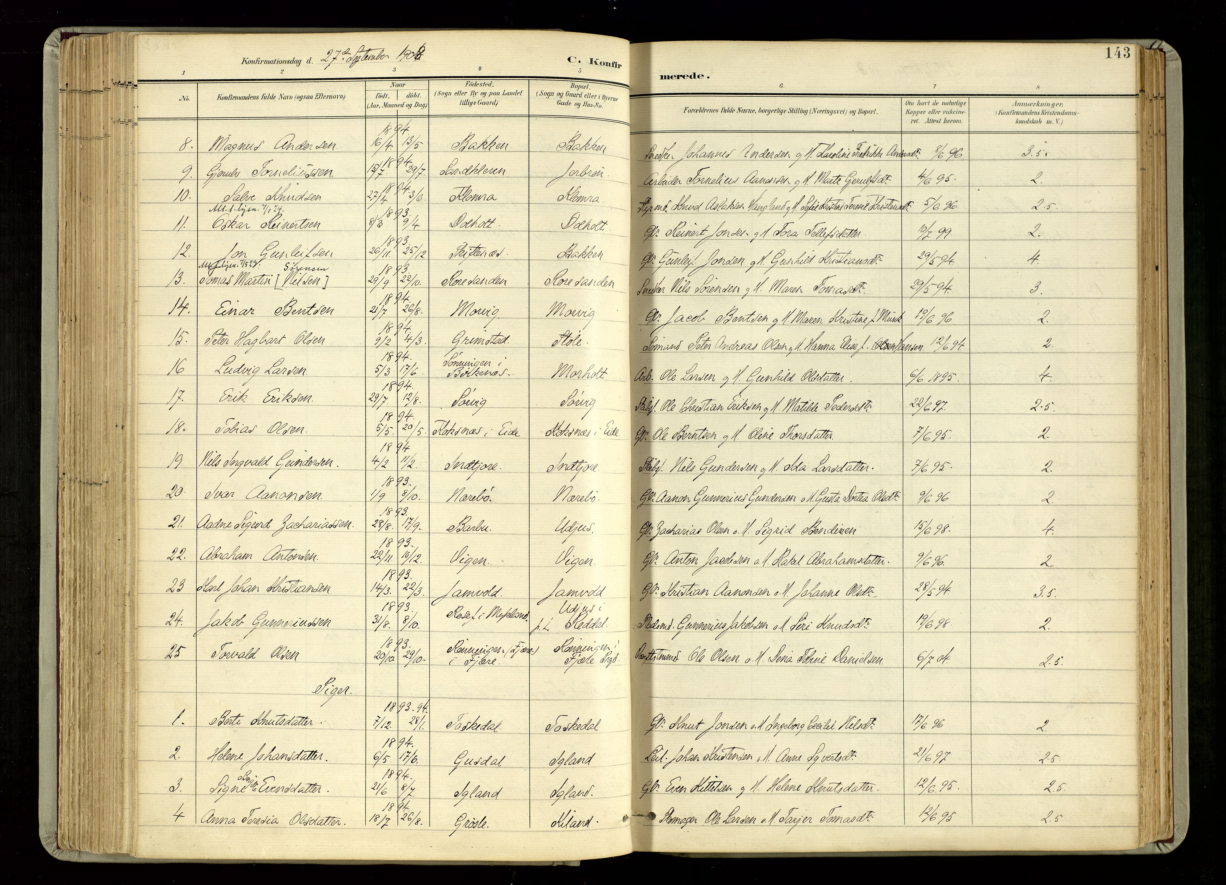 Hommedal sokneprestkontor, SAK/1111-0023/F/Fa/Fab/L0007: Parish register (official) no. A 7, 1898-1924, p. 143