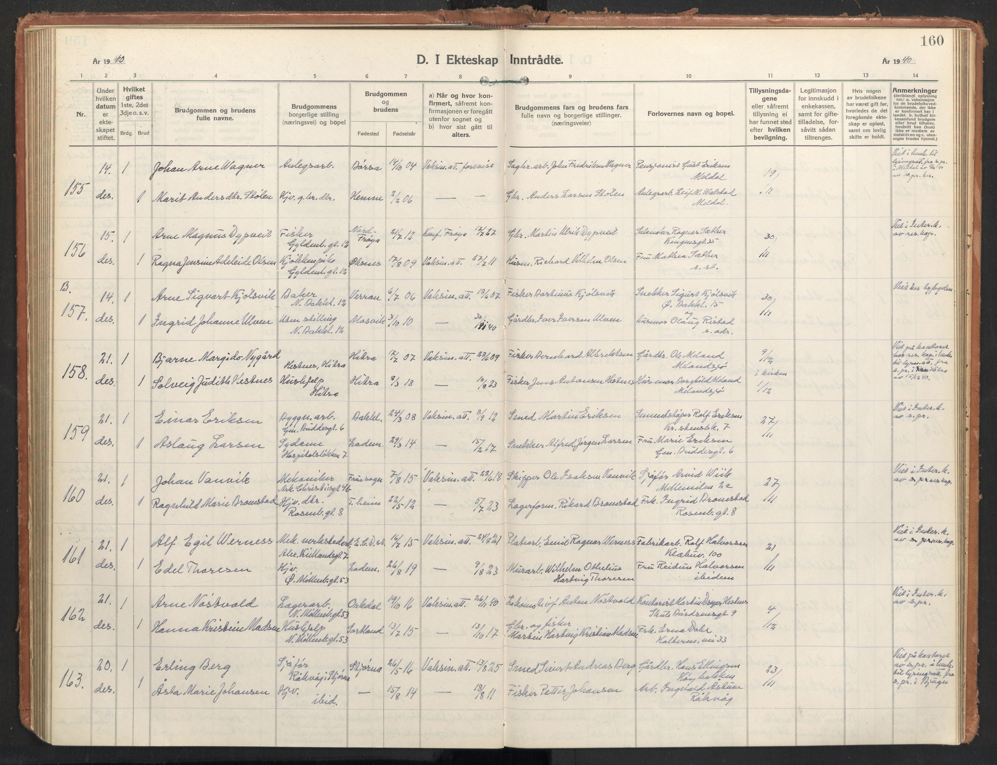 Ministerialprotokoller, klokkerbøker og fødselsregistre - Sør-Trøndelag, AV/SAT-A-1456/604/L0209: Parish register (official) no. 604A29, 1931-1945, p. 160