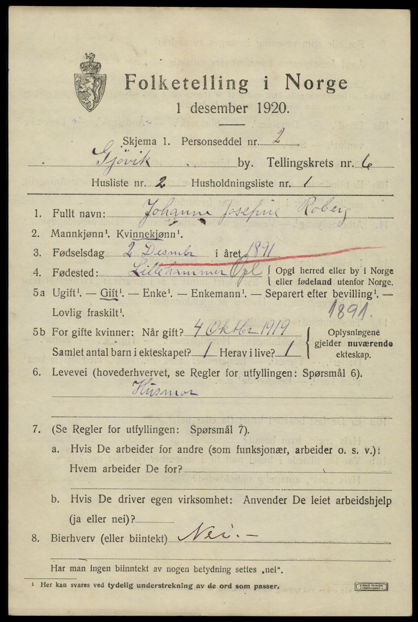 SAH, 1920 census for Gjøvik, 1920, p. 10494