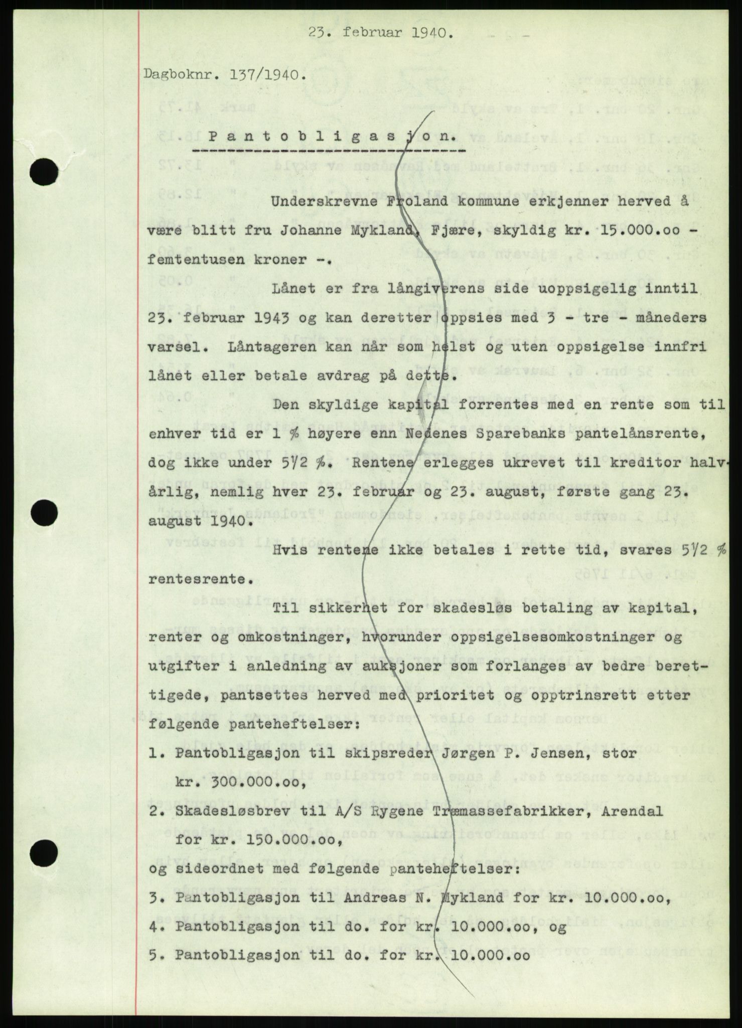 Nedenes sorenskriveri, AV/SAK-1221-0006/G/Gb/Gbb/L0001: Mortgage book no. I, 1939-1942, Diary no: : 137/1940