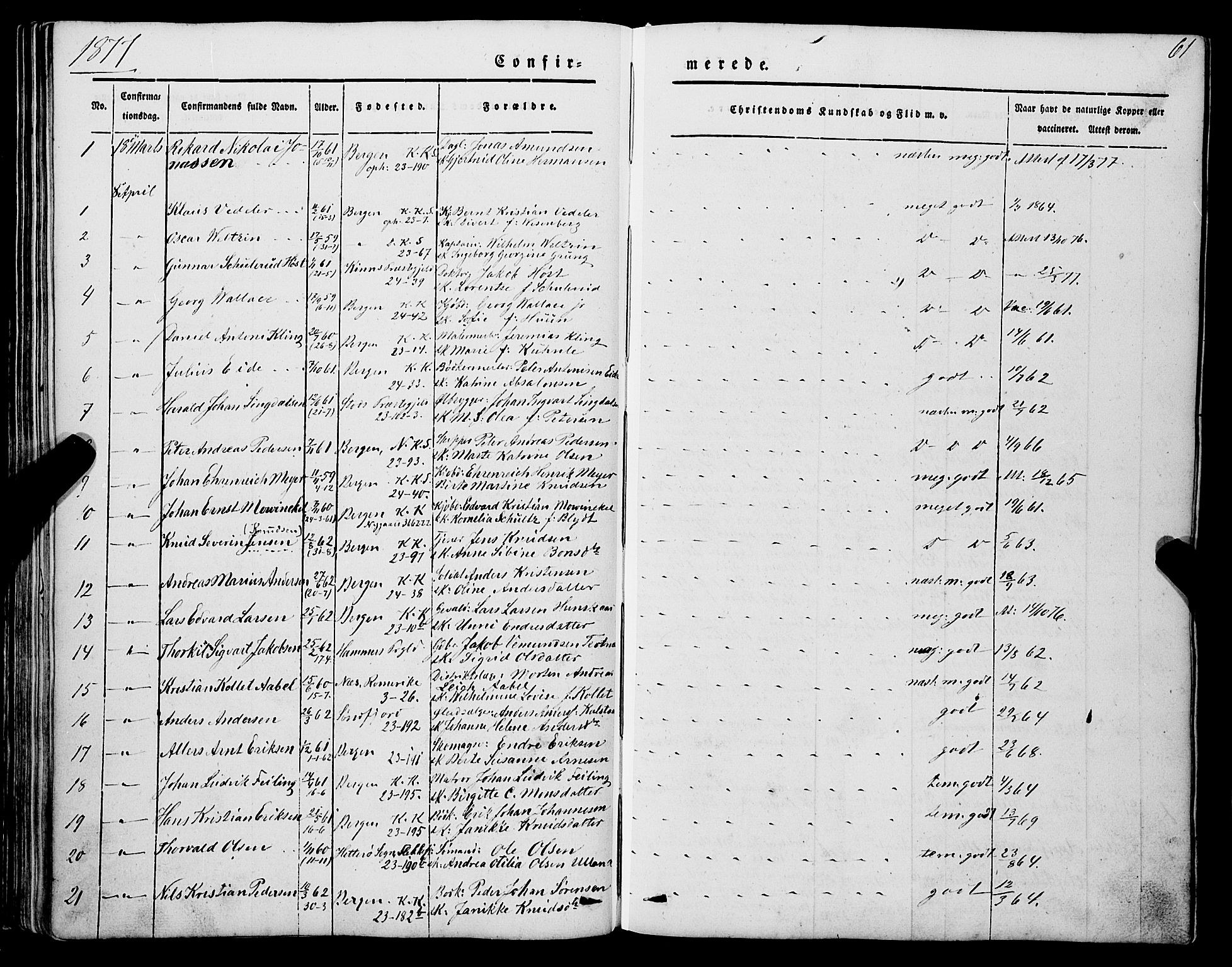 Mariakirken Sokneprestembete, SAB/A-76901/H/Haa/L0006: Parish register (official) no. A 6, 1846-1877, p. 61