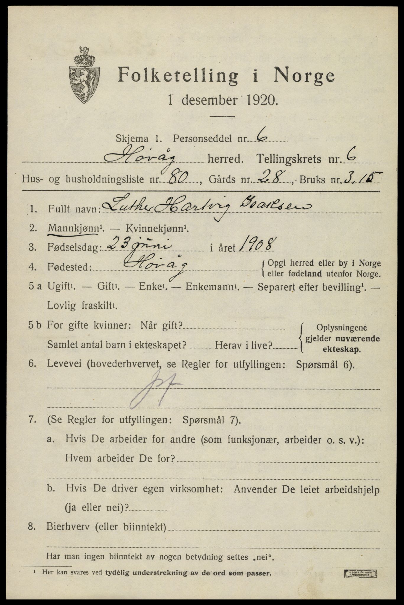 SAK, 1920 census for Høvåg, 1920, p. 3814