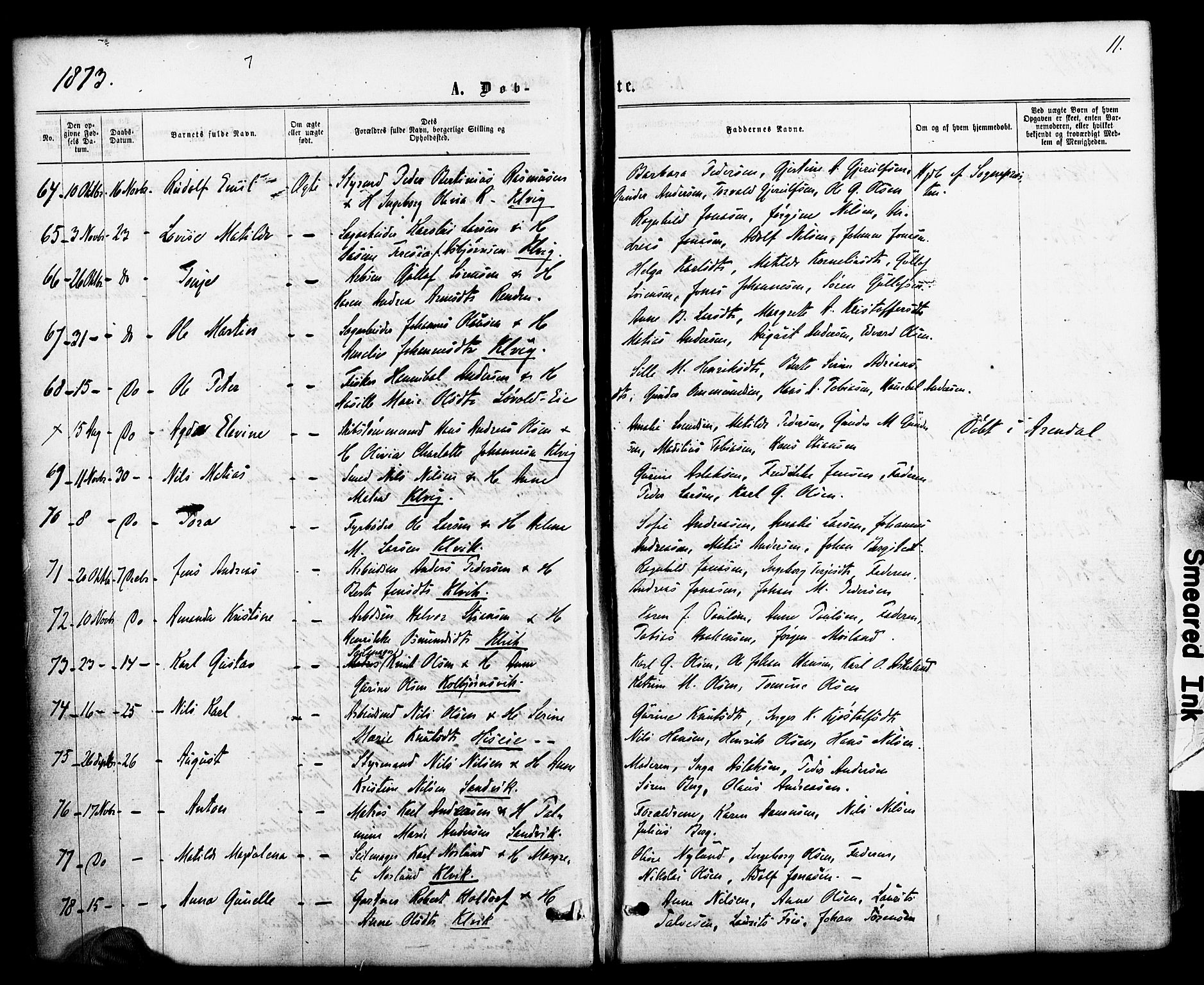 Hisøy sokneprestkontor, SAK/1111-0020/F/Fa/L0002: Parish register (official) no. A 2, 1872-1880, p. 11