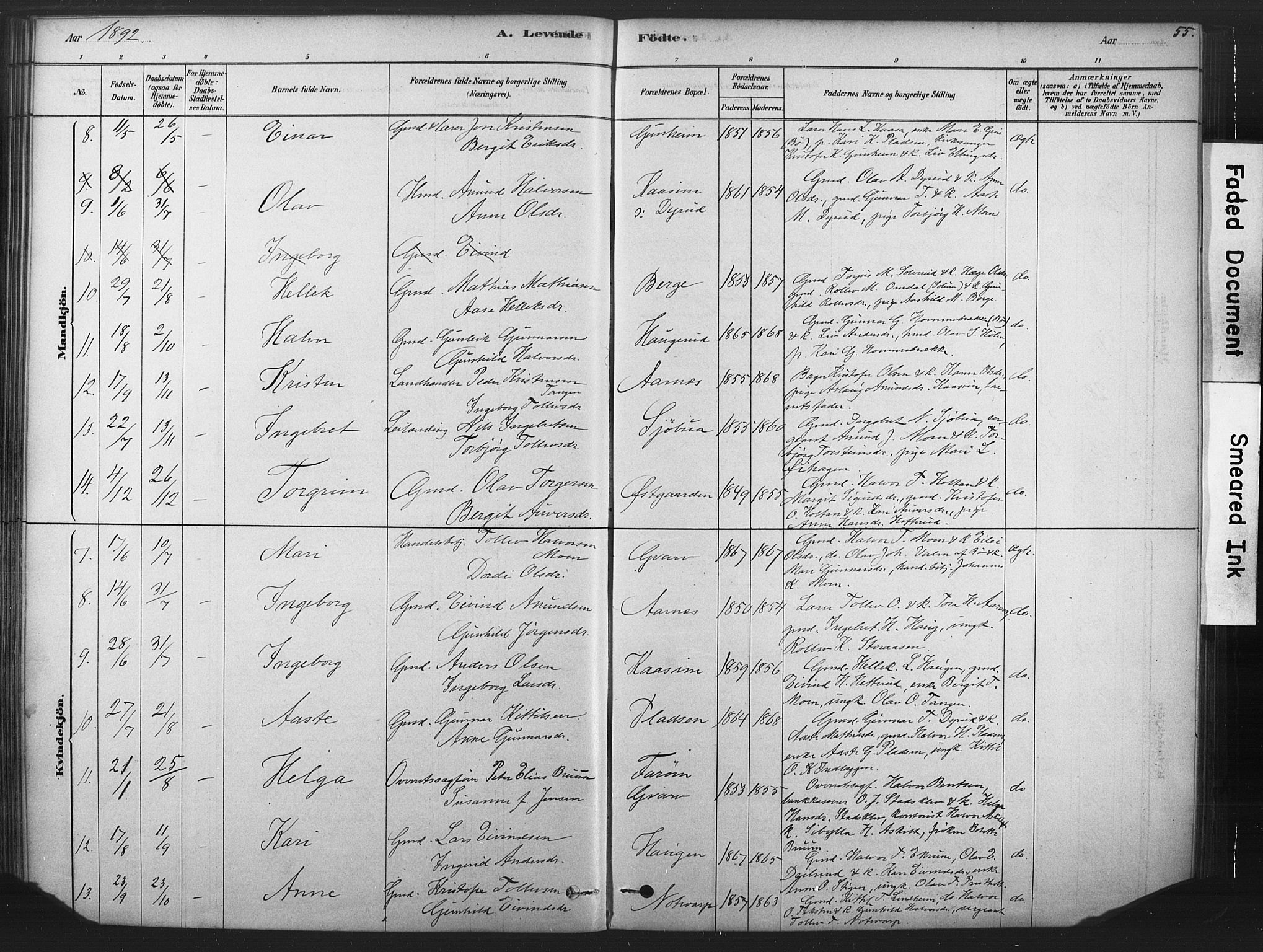 Sauherad kirkebøker, SAKO/A-298/F/Fb/L0002: Parish register (official) no. II 2, 1878-1901, p. 55