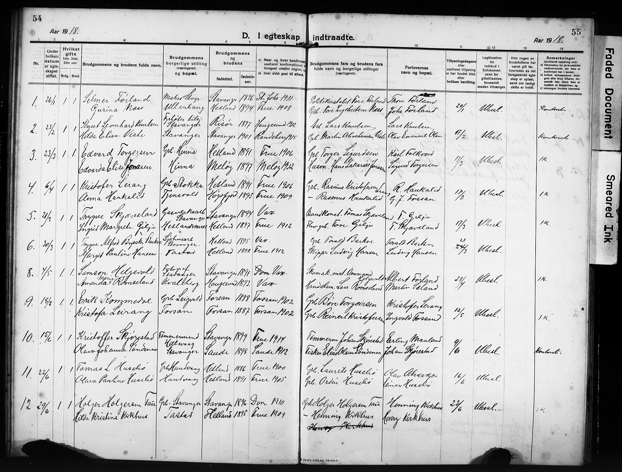 Hetland sokneprestkontor, SAST/A-101826/30/30BB/L0009: Parish register (copy) no. B 9, 1910-1931, p. 54-55
