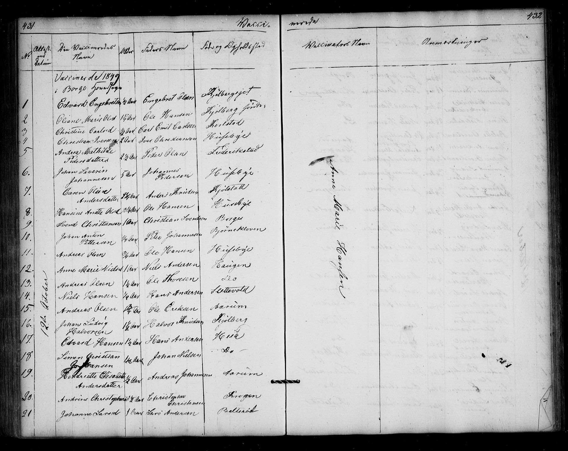 Borge prestekontor Kirkebøker, AV/SAO-A-10903/F/Fa/L0005: Parish register (official) no. I 5, 1848-1860, p. 431-432