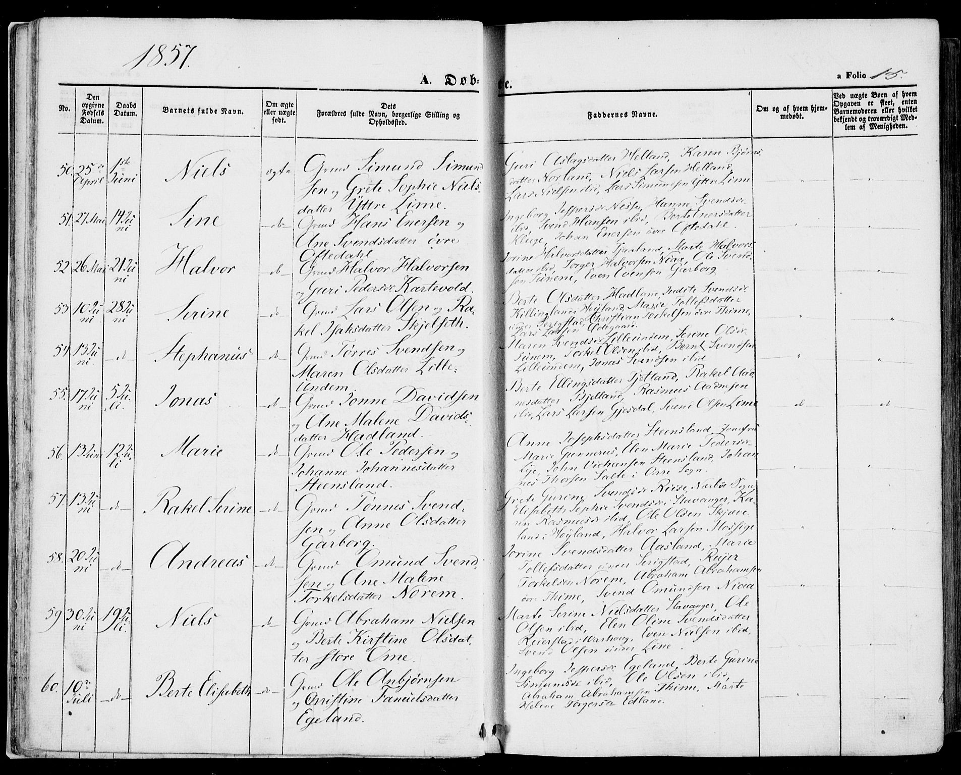 Lye sokneprestkontor, SAST/A-101794/001/30BA/L0007: Parish register (official) no. A 6, 1856-1871, p. 15