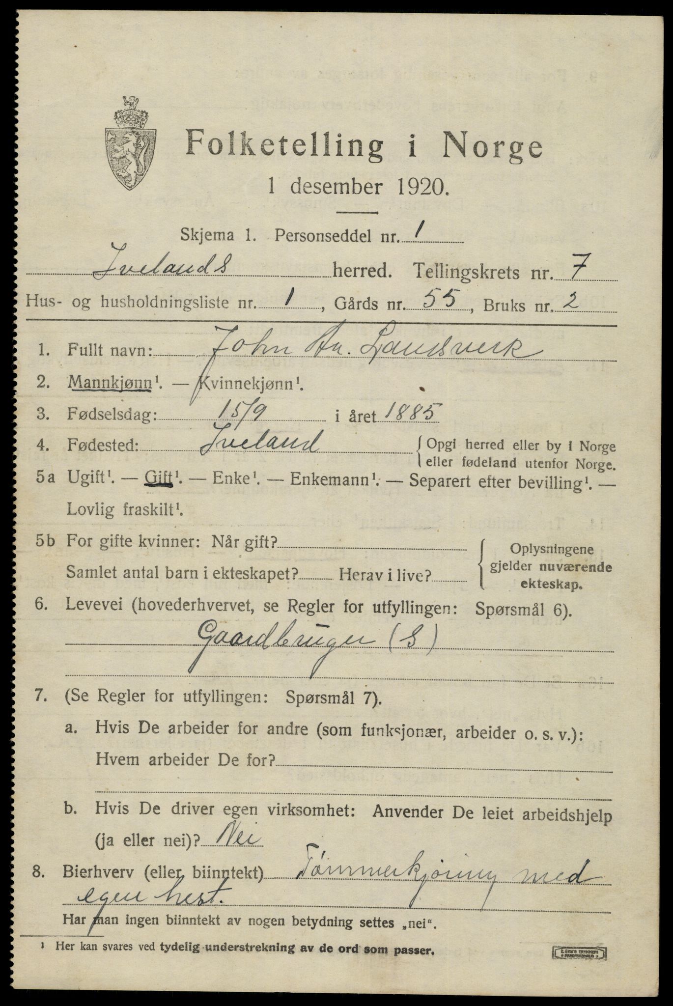 SAK, 1920 census for Iveland, 1920, p. 2123