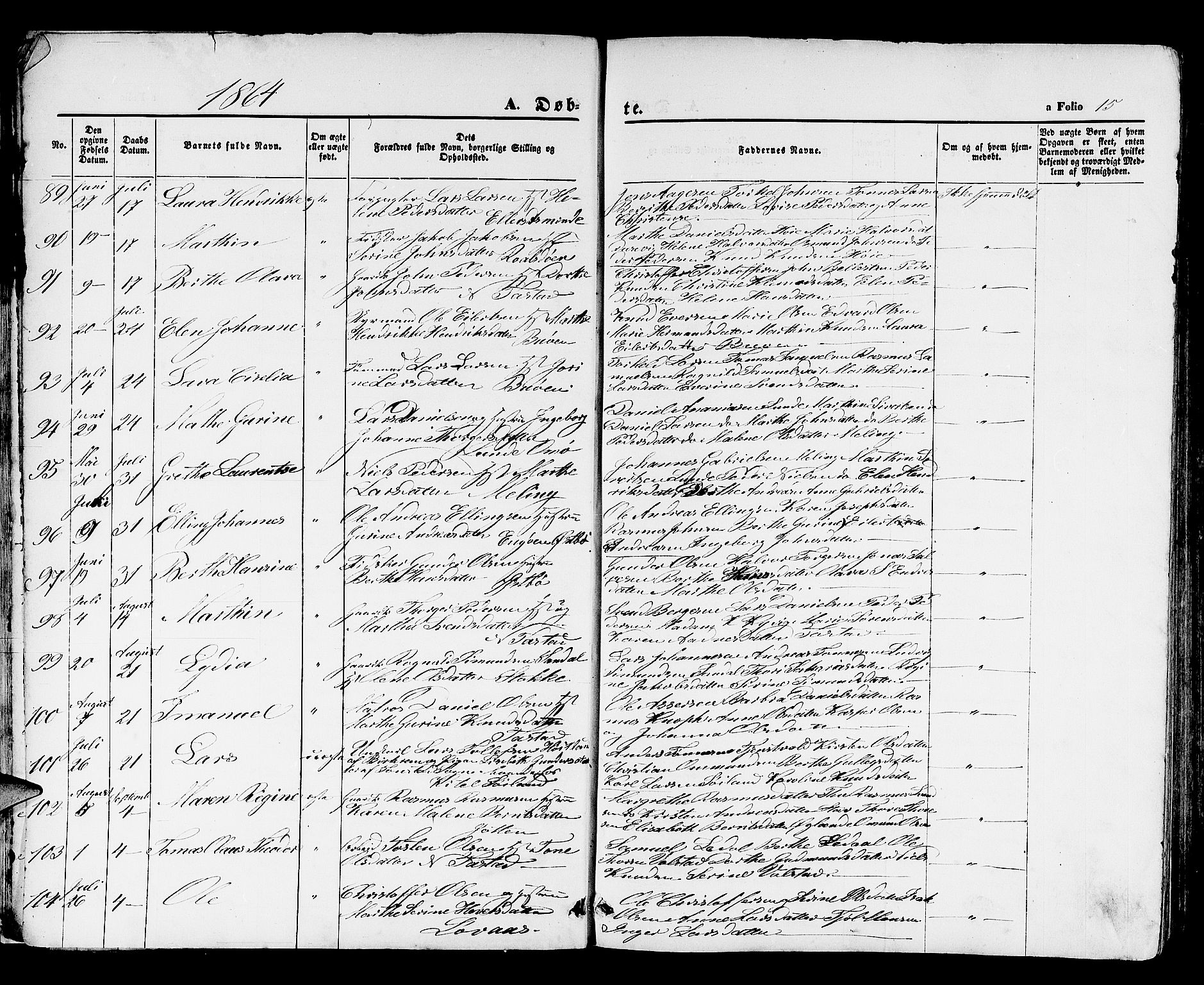 Hetland sokneprestkontor, SAST/A-101826/30/30BB/L0003: Parish register (copy) no. B 3, 1863-1877, p. 15