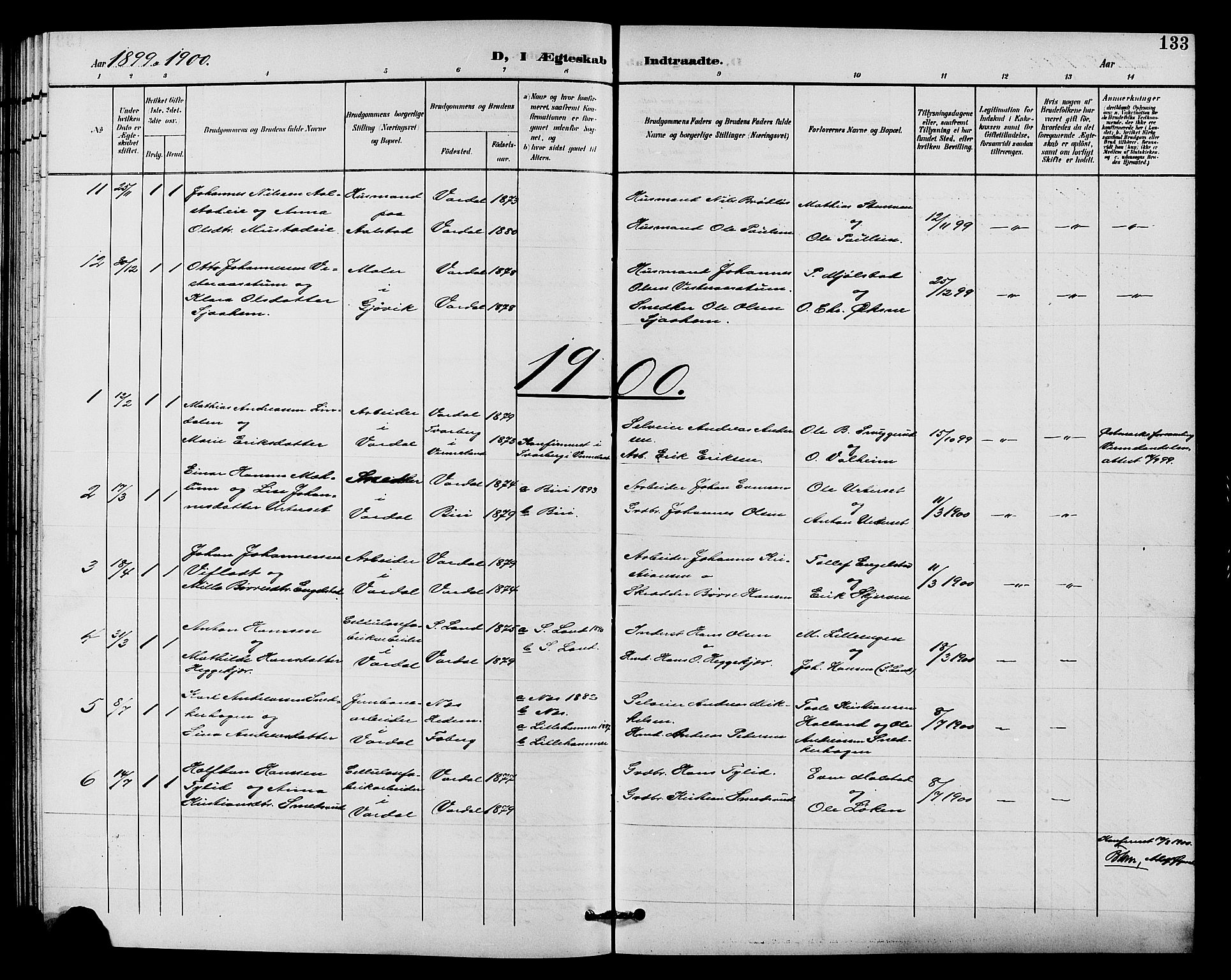 Vardal prestekontor, SAH/PREST-100/H/Ha/Hab/L0011: Parish register (copy) no. 11, 1899-1913, p. 133