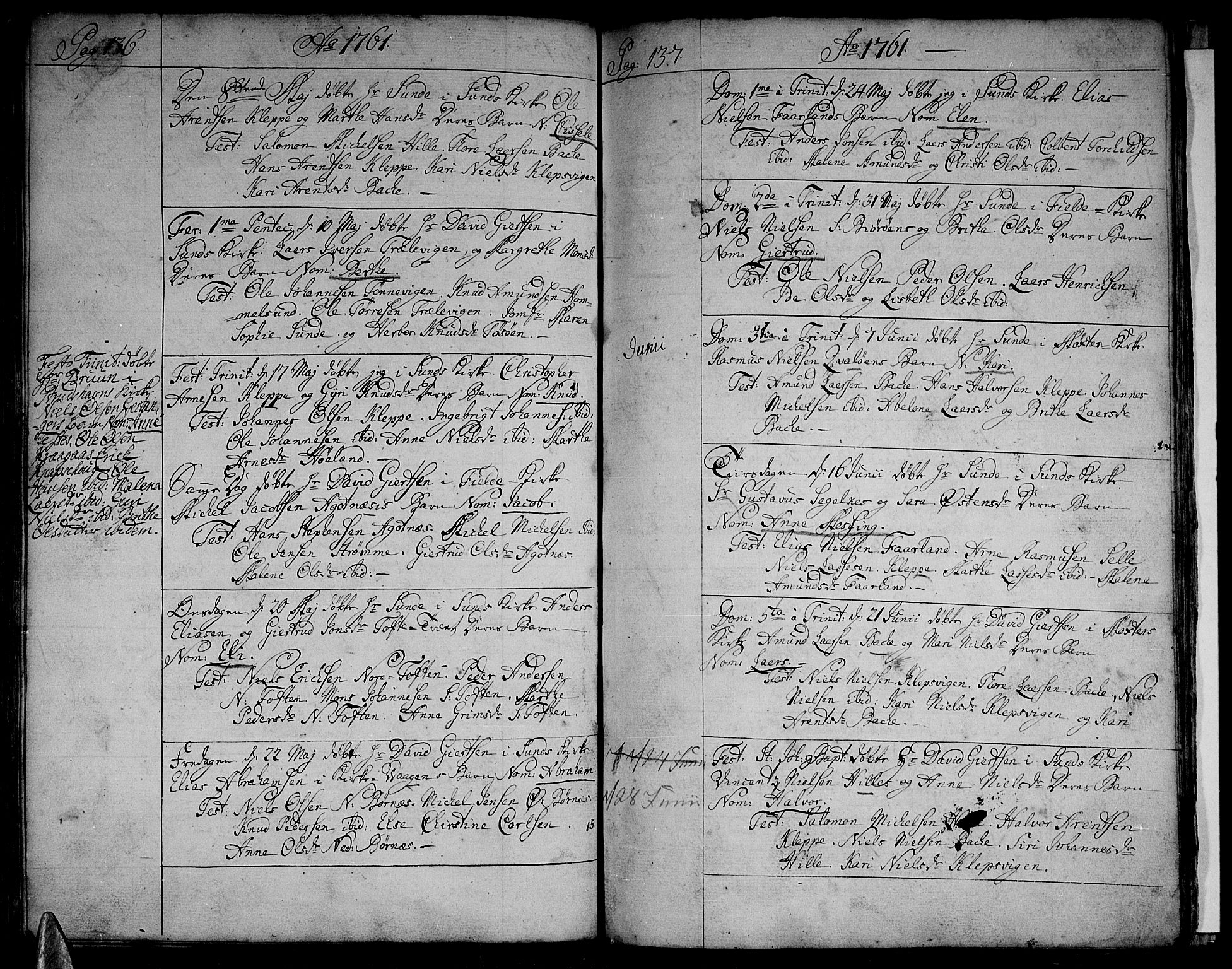 Sund sokneprestembete, SAB/A-99930: Parish register (official) no. A 4, 1748-1769, p. 136-137