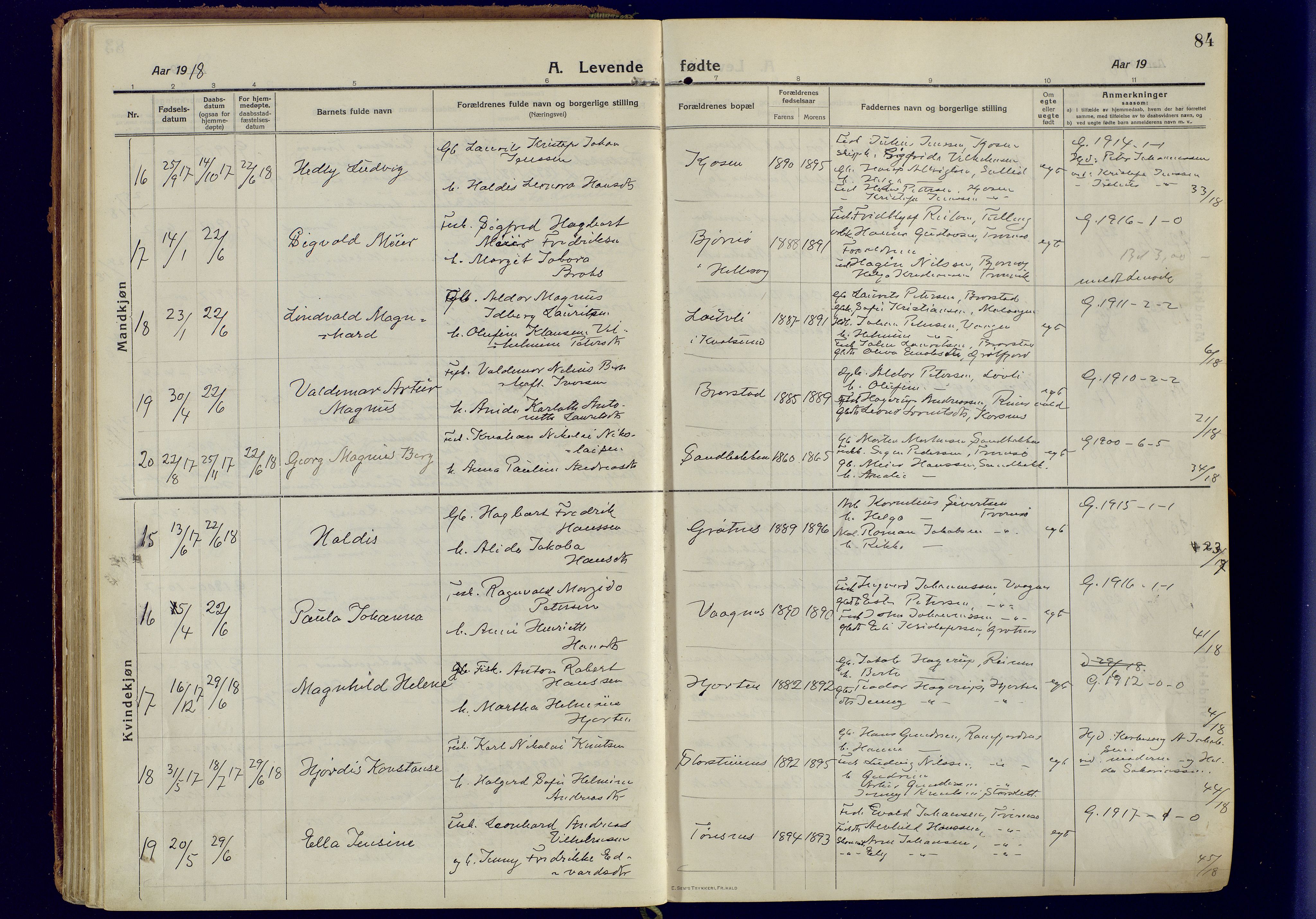 Tromsøysund sokneprestkontor, AV/SATØ-S-1304/G/Ga/L0008kirke: Parish register (official) no. 8, 1914-1922, p. 84