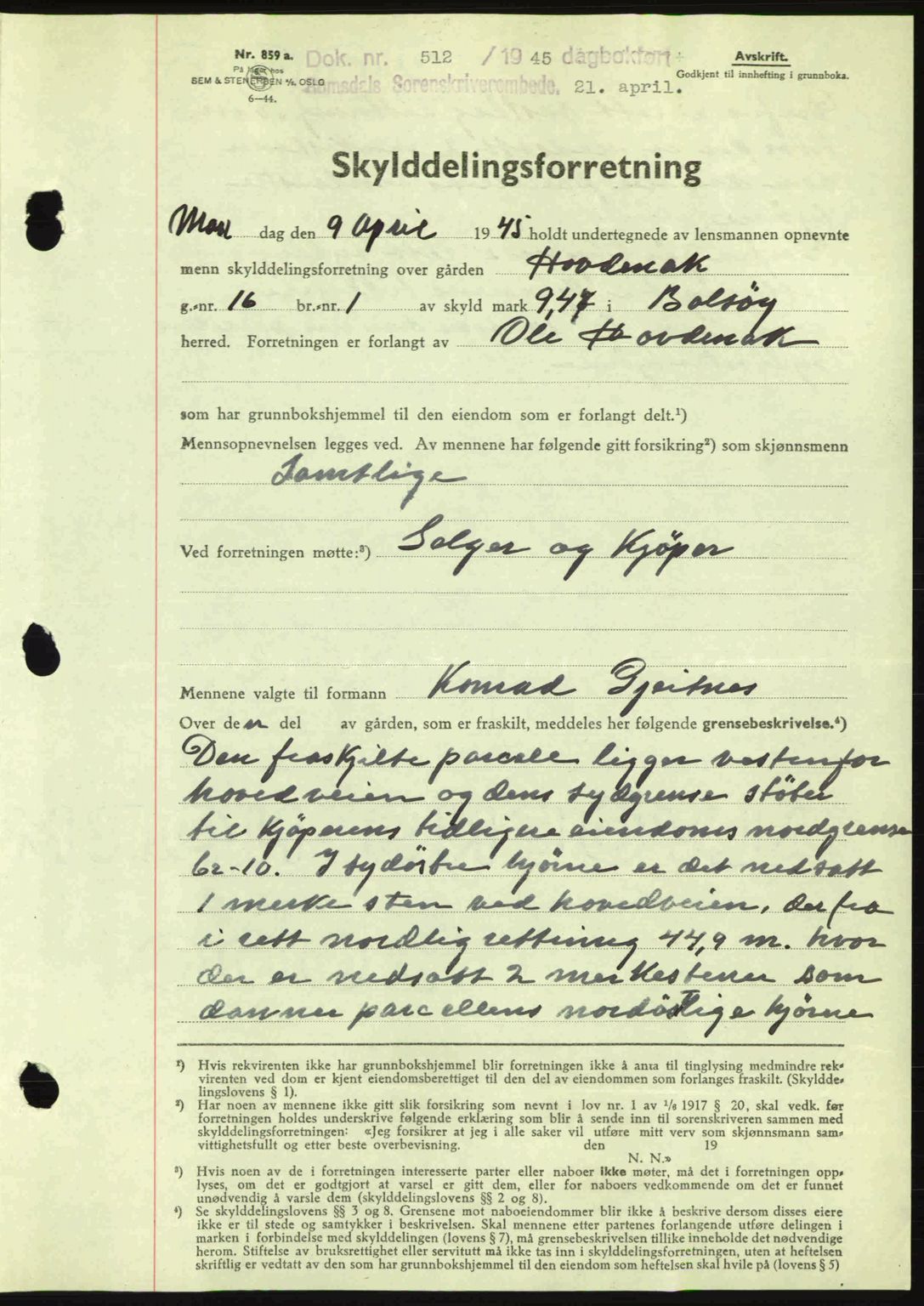 Romsdal sorenskriveri, AV/SAT-A-4149/1/2/2C: Mortgage book no. A17, 1944-1945, Diary no: : 512/1945