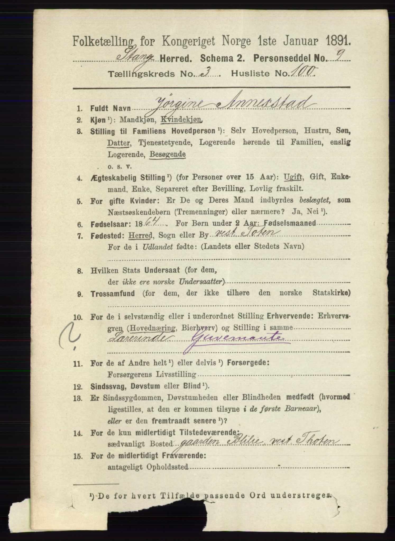 RA, 1891 census for 0417 Stange, 1891, p. 2222