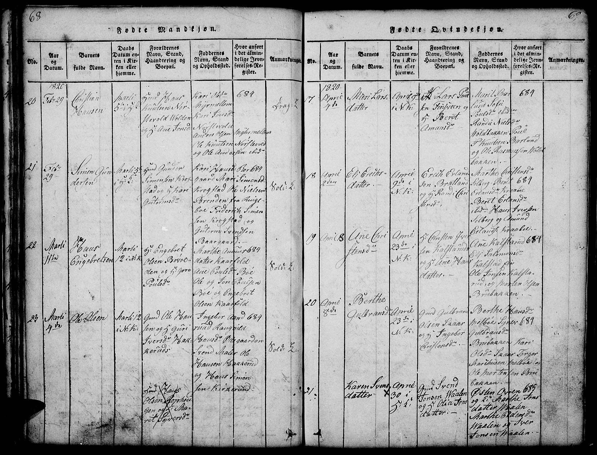 Gausdal prestekontor, AV/SAH-PREST-090/H/Ha/Hab/L0001: Parish register (copy) no. 1, 1817-1848, p. 68-69