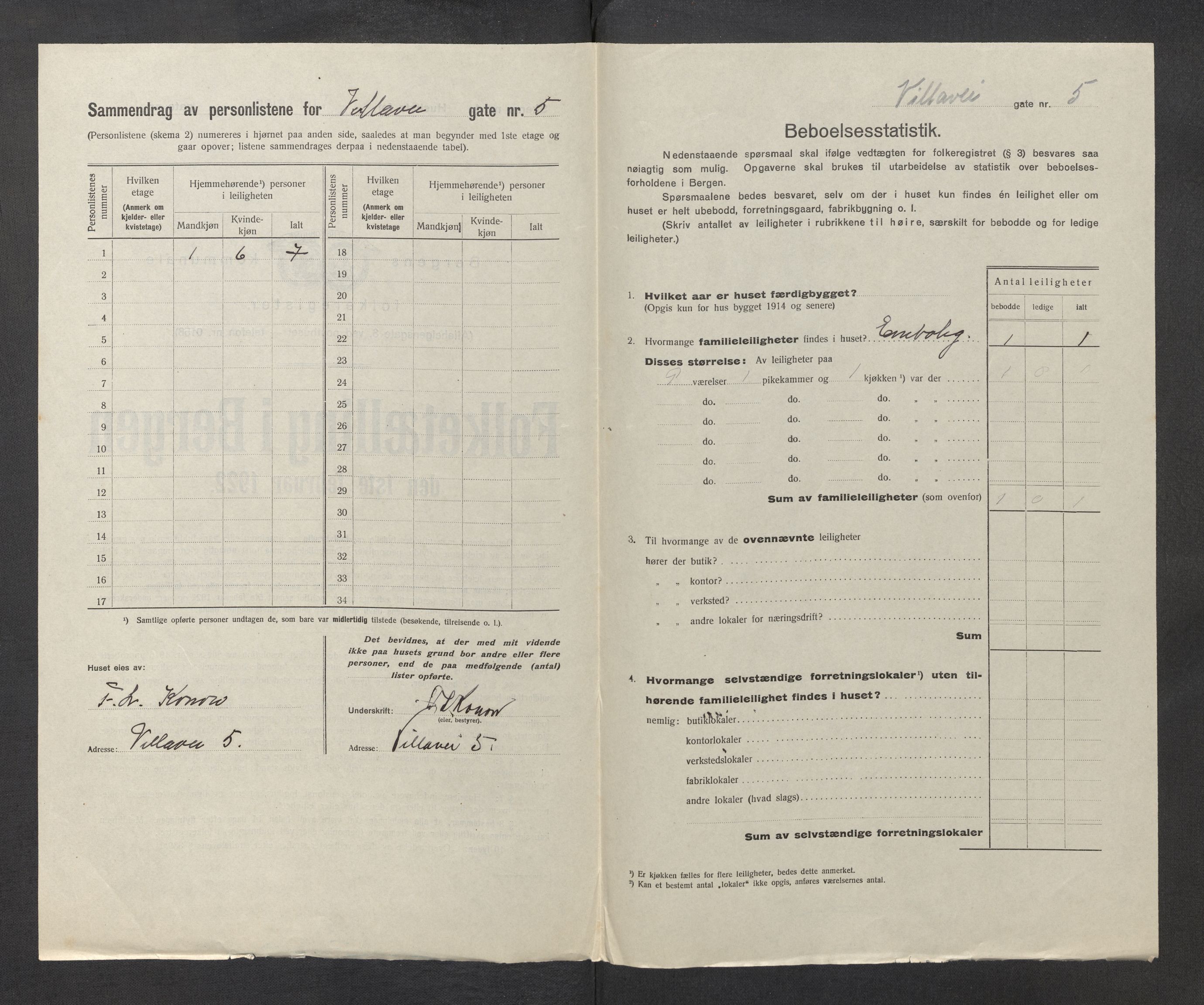 SAB, Municipal Census 1922 for Bergen, 1922, p. 46406