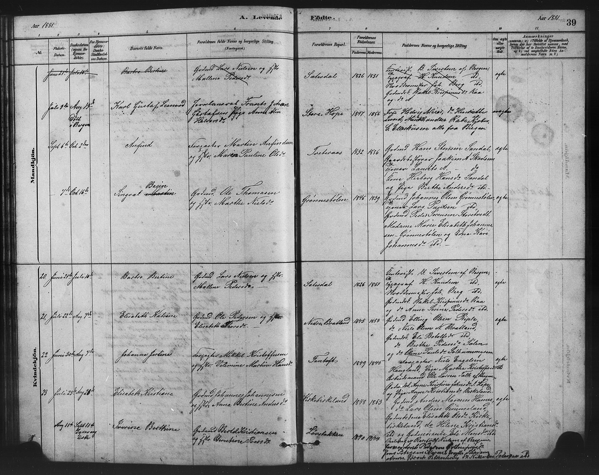 Birkeland Sokneprestembete, AV/SAB-A-74601/H/Hab: Parish register (copy) no. A 3, 1877-1887, p. 39