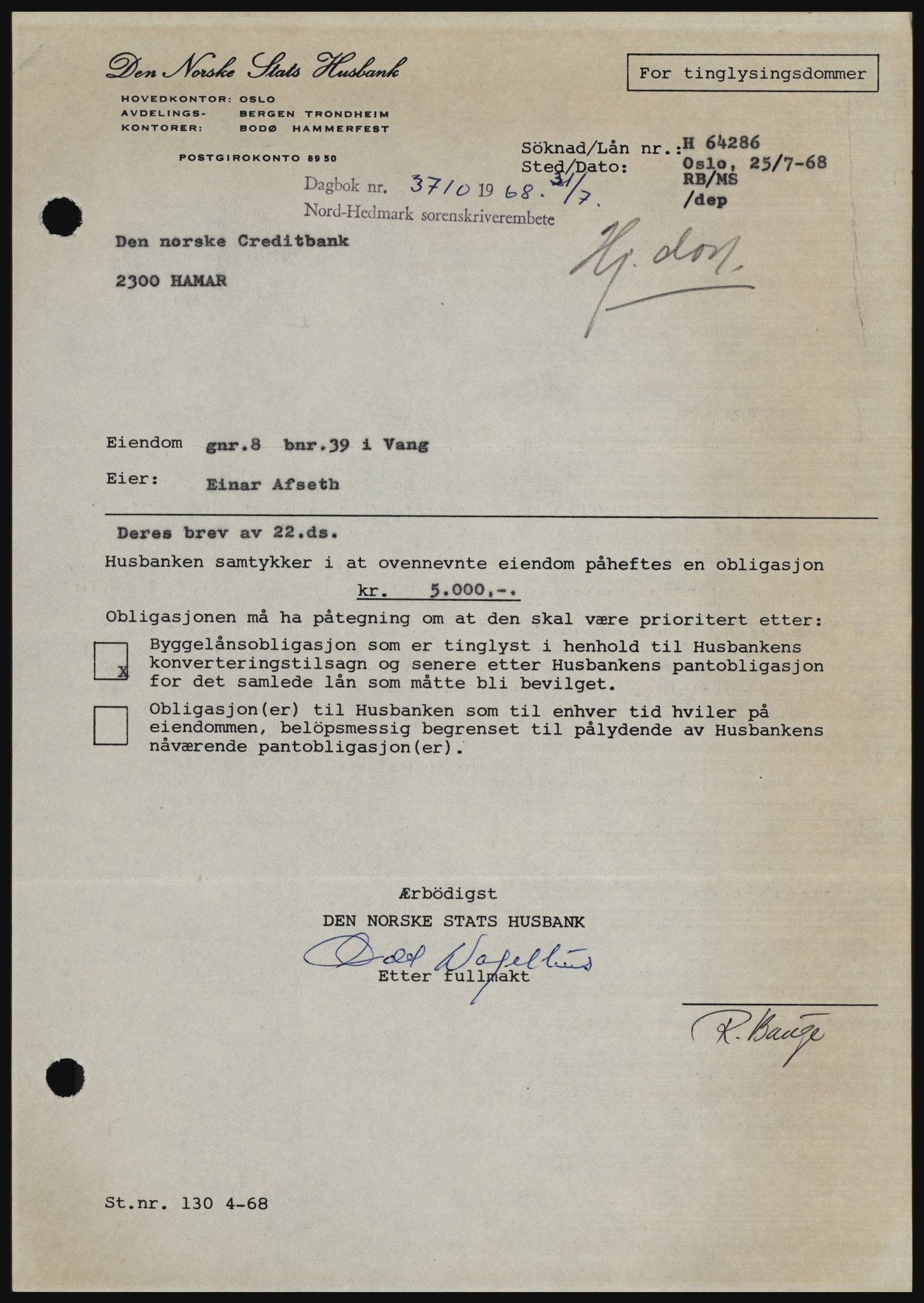 Nord-Hedmark sorenskriveri, SAH/TING-012/H/Hc/L0028: Mortgage book no. 28, 1968-1968, Diary no: : 3710/1968