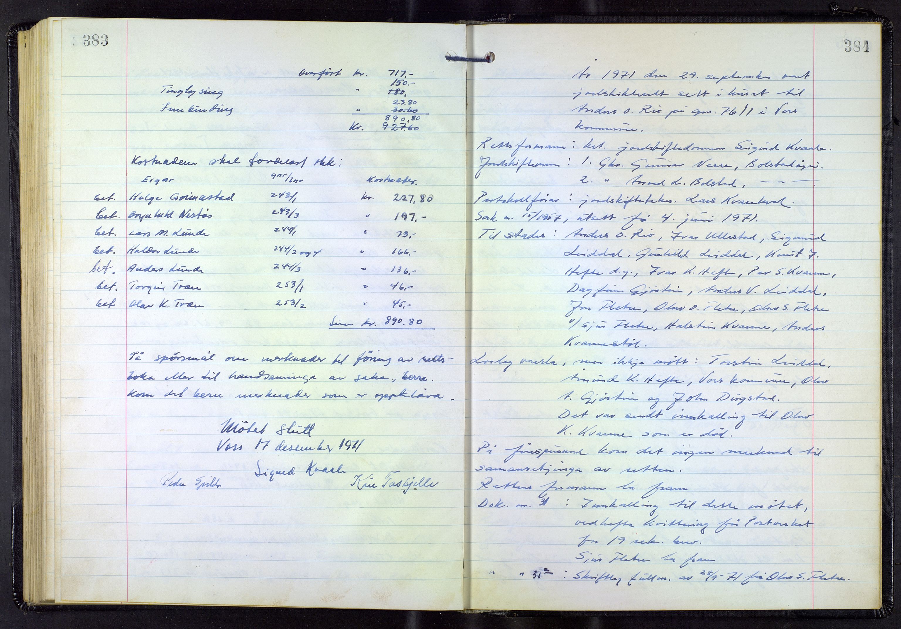 Hordaland jordskiftedøme - V Voss jordskiftedistrikt, AV/SAB-A-7201/A/Aa/L0043: Forhandlingsprotokoll, 1967-1971, p. 383-384