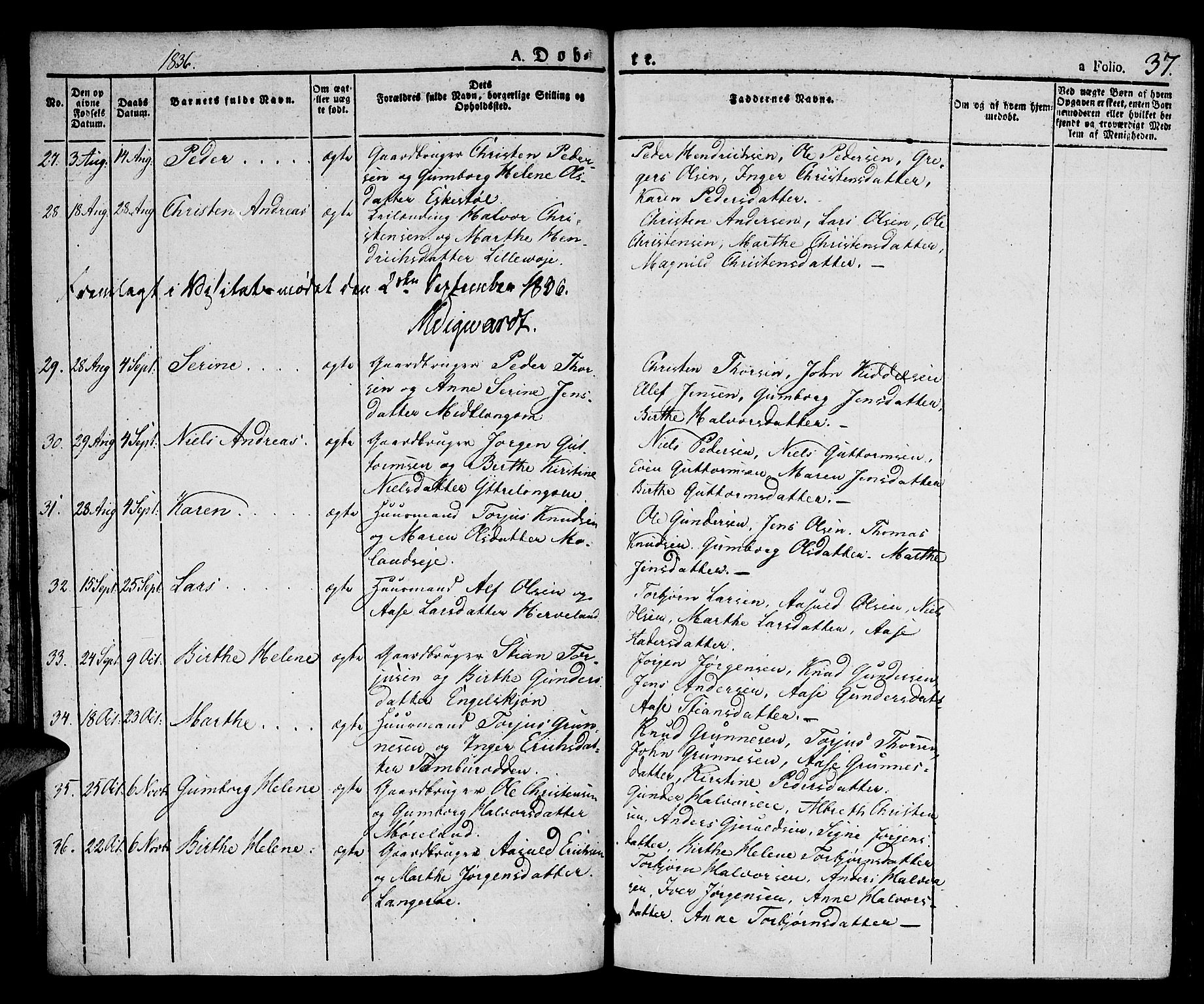 Austre Moland sokneprestkontor, SAK/1111-0001/F/Fa/Faa/L0005: Parish register (official) no. A 5, 1825-1837, p. 37