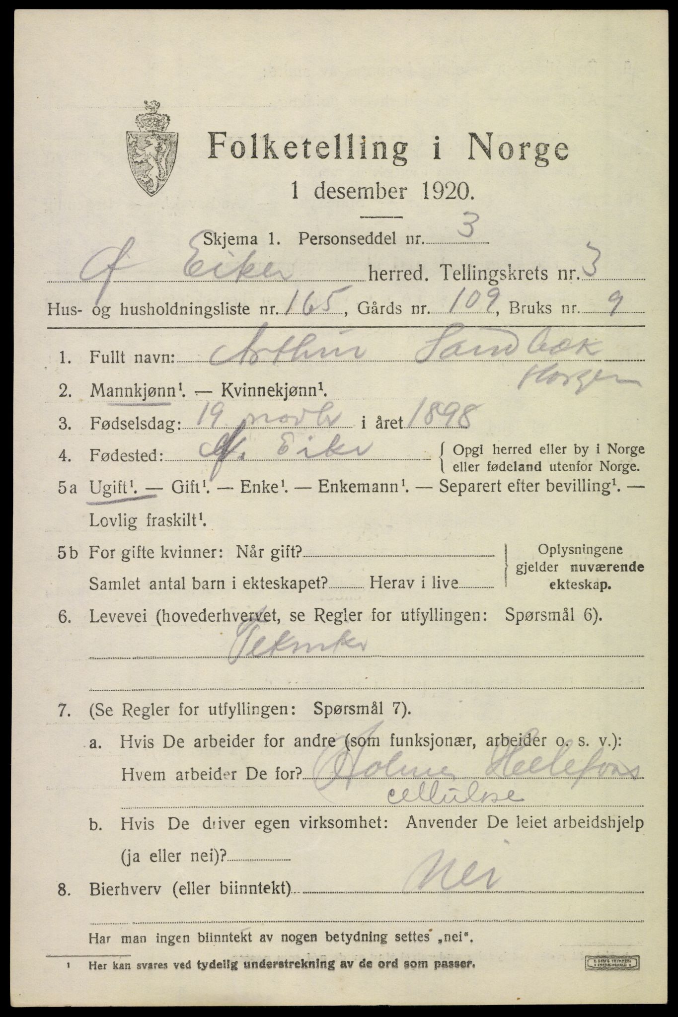 SAKO, 1920 census for Øvre Eiker, 1920, p. 9796