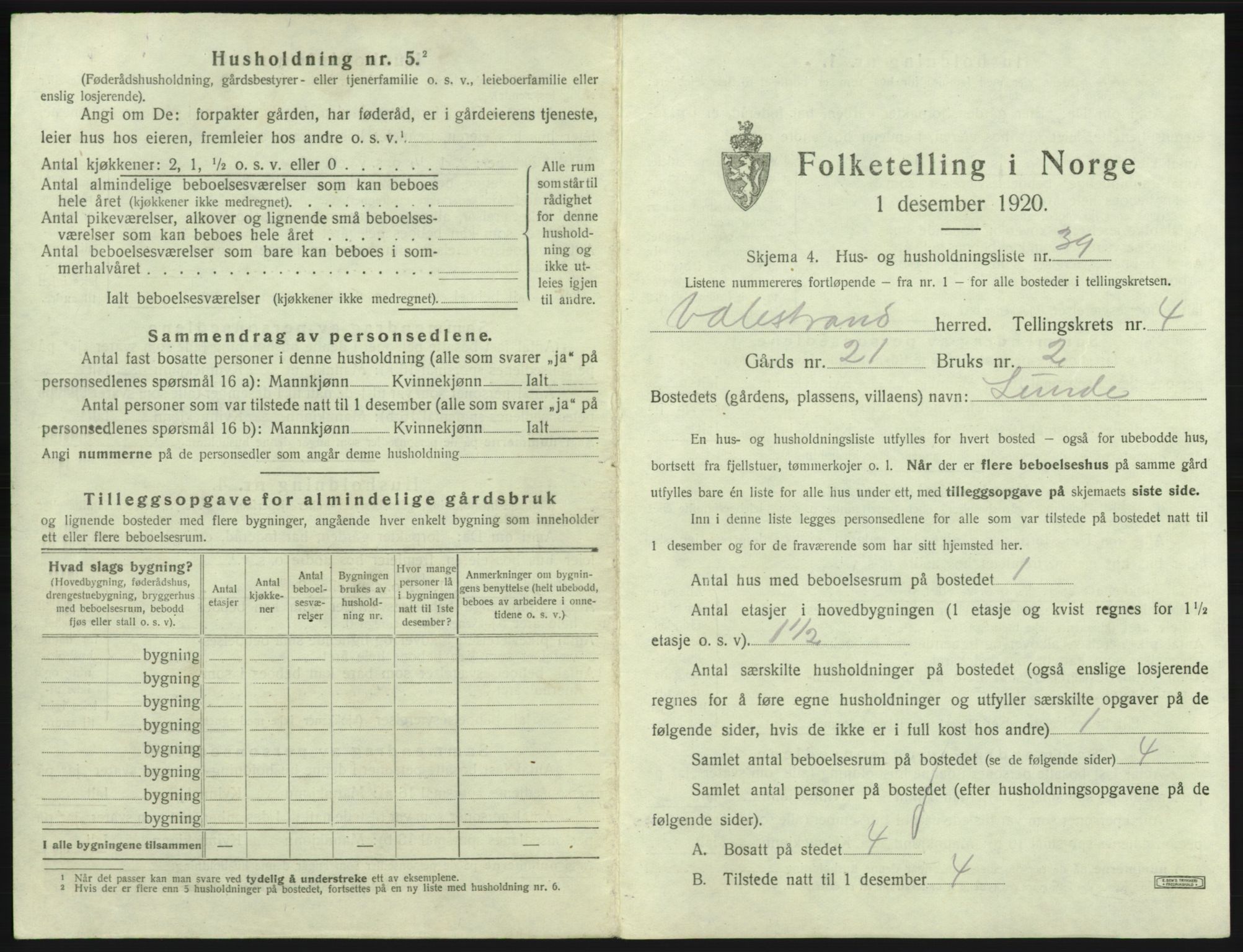 SAB, 1920 census for Valestrand, 1920, p. 319