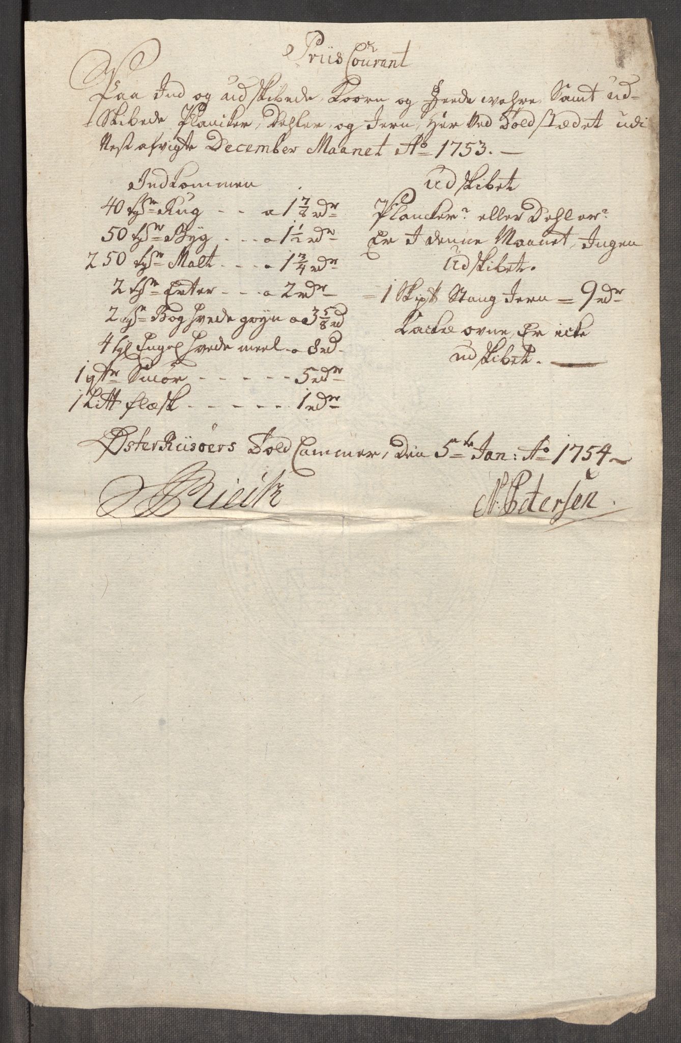 Rentekammeret inntil 1814, Realistisk ordnet avdeling, AV/RA-EA-4070/Oe/L0005: [Ø1]: Priskuranter, 1753-1757, p. 128
