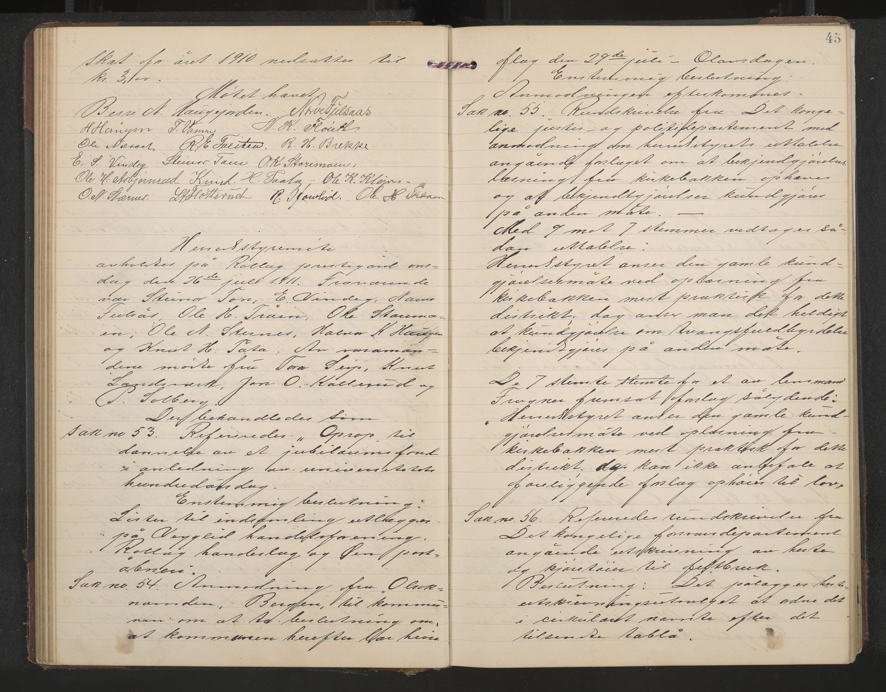 Rollag formannskap og sentraladministrasjon, IKAK/0632021-2/A/Aa/L0005: Møtebok, 1909-1915, p. 45