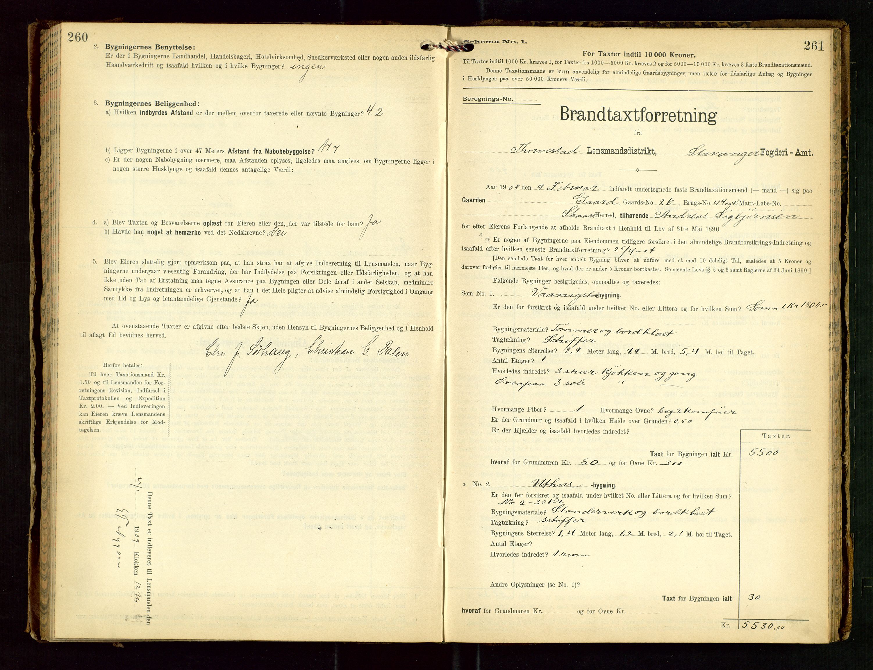 Torvestad lensmannskontor, SAST/A-100307/1/Gob/L0003: "Brandtaxationsprotokol for Torvestad Lensmannsdistrikt", 1905-1909, p. 260-261