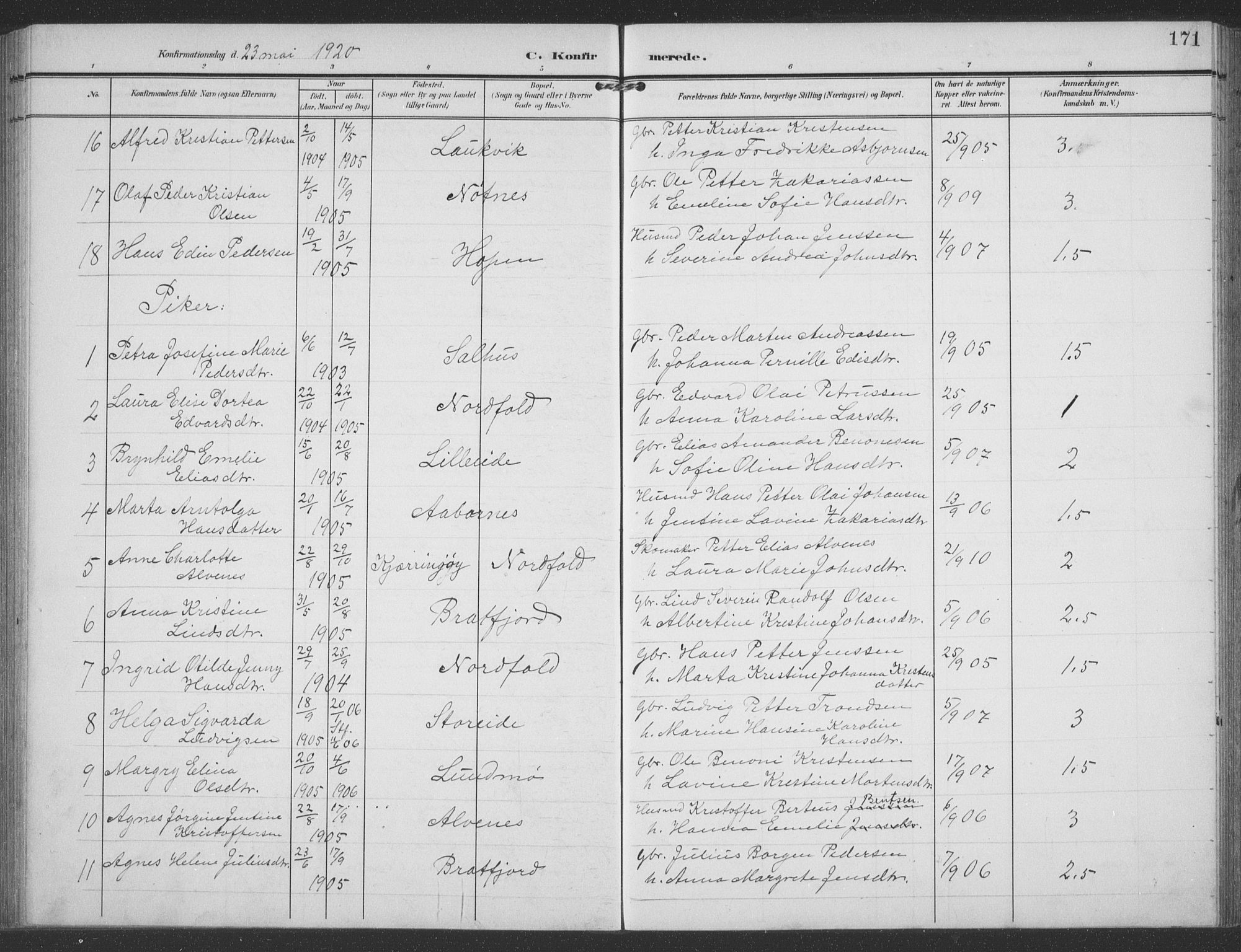 Ministerialprotokoller, klokkerbøker og fødselsregistre - Nordland, AV/SAT-A-1459/858/L0835: Parish register (copy) no. 858C02, 1904-1940, p. 171