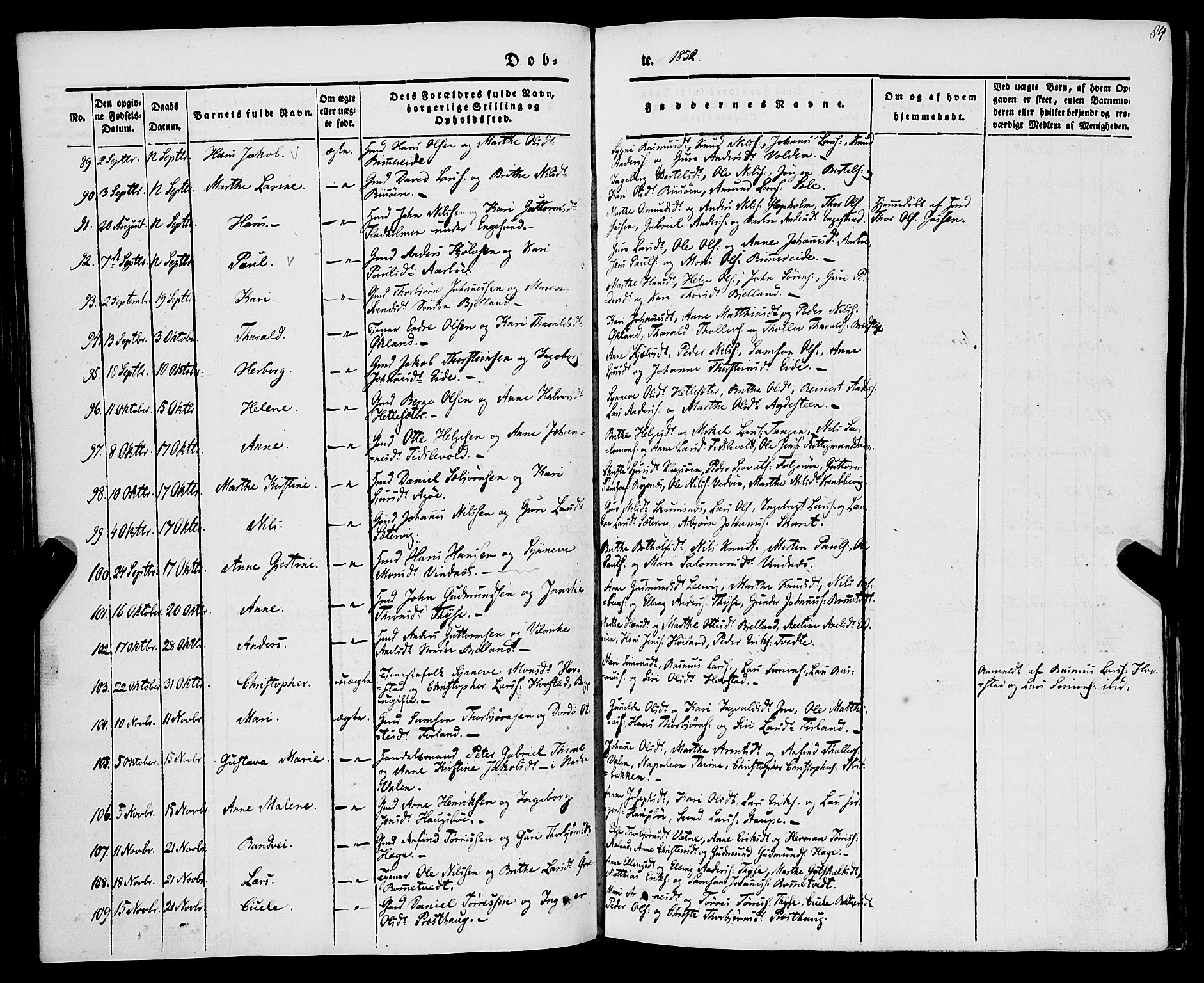 Stord sokneprestembete, SAB/A-78201/H/Haa: Parish register (official) no. A 7, 1841-1861, p. 84