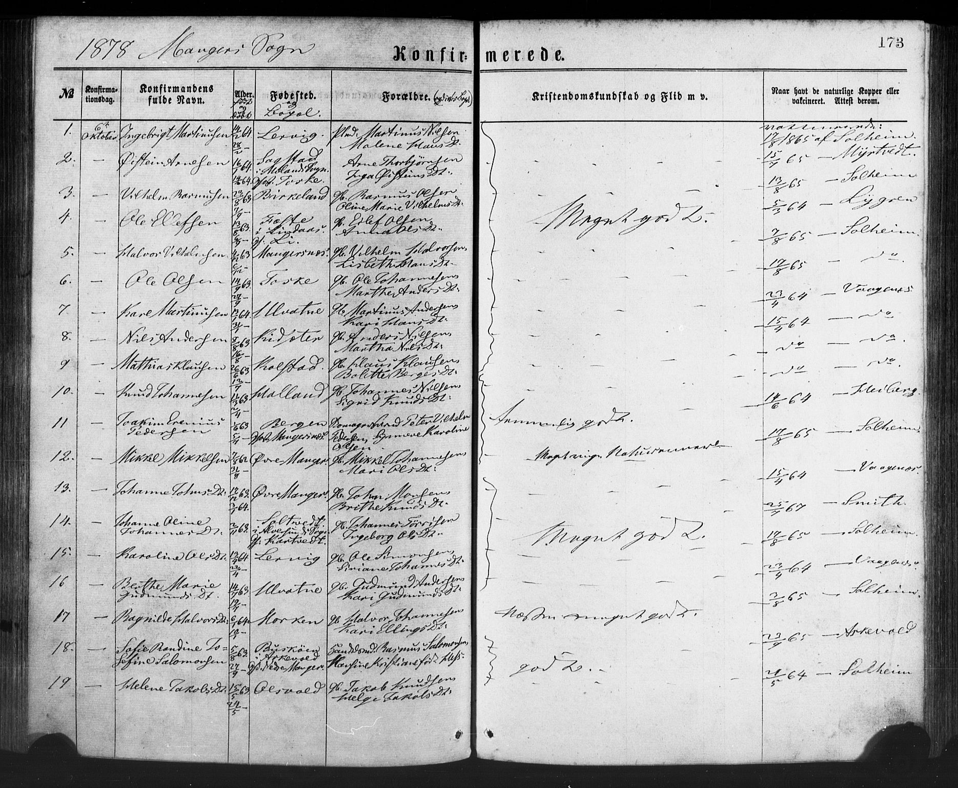 Manger sokneprestembete, SAB/A-76801/H/Haa: Parish register (official) no. A 8, 1871-1880, p. 173