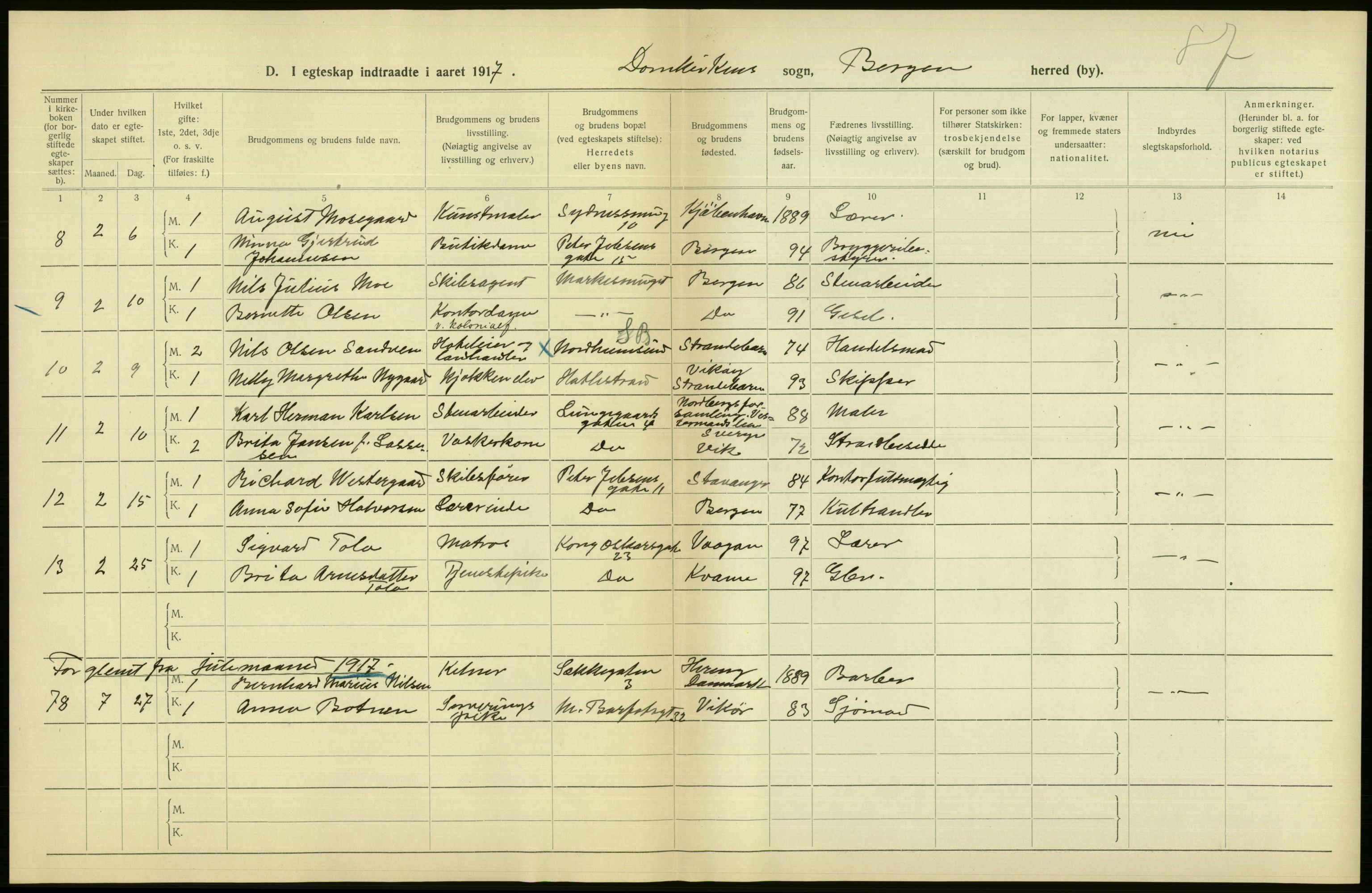 Statistisk sentralbyrå, Sosiodemografiske emner, Befolkning, AV/RA-S-2228/D/Df/Dfb/Dfbg/L0038: Bergen: Gifte, døde, dødfødte., 1917, p. 6