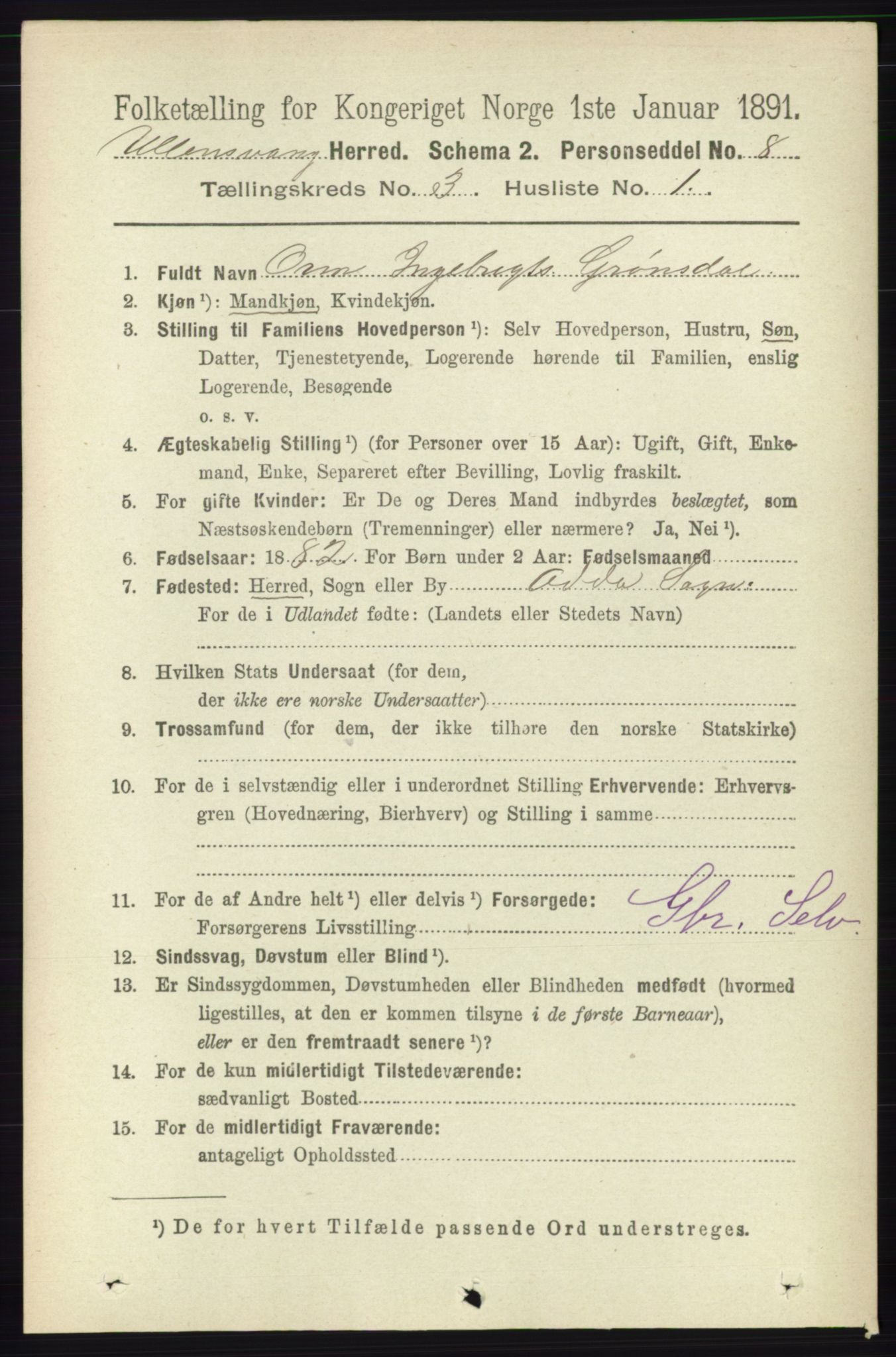 RA, 1891 census for 1230 Ullensvang, 1891, p. 592