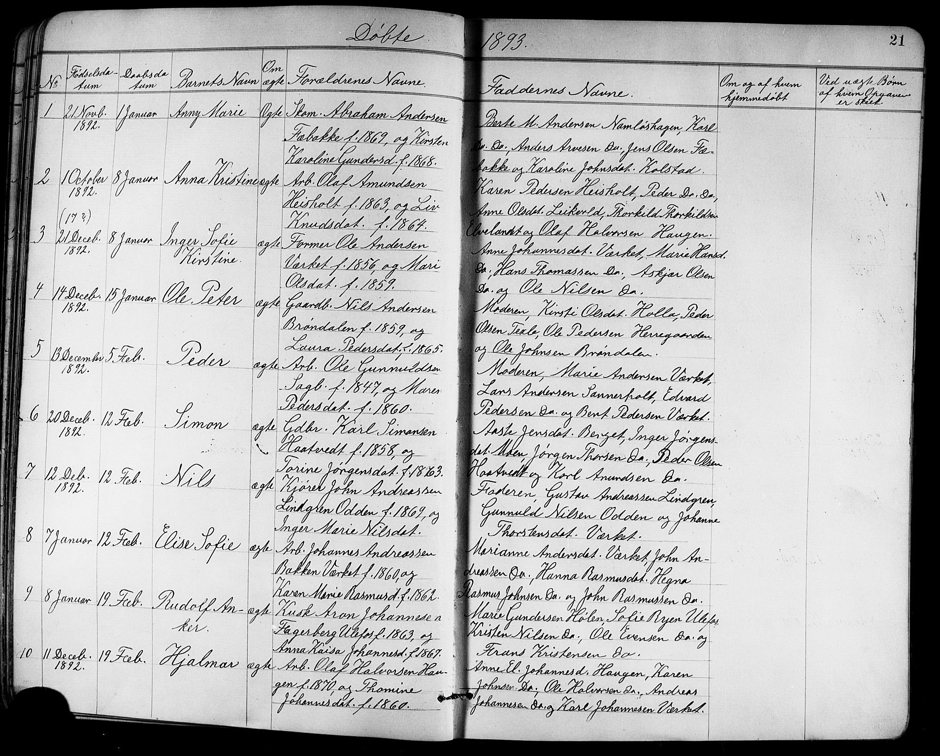 Holla kirkebøker, SAKO/A-272/G/Ga/L0005: Parish register (copy) no. I 5, 1891-1917, p. 21
