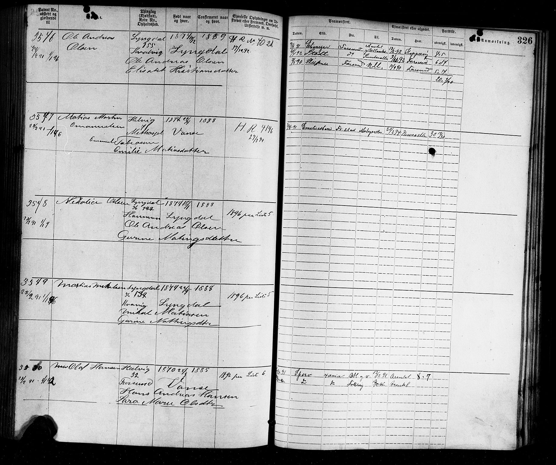 Farsund mønstringskrets, SAK/2031-0017/F/Fa/L0002: Annotasjonsrulle nr 1921-3815 med register, M-2, 1877-1894, p. 361