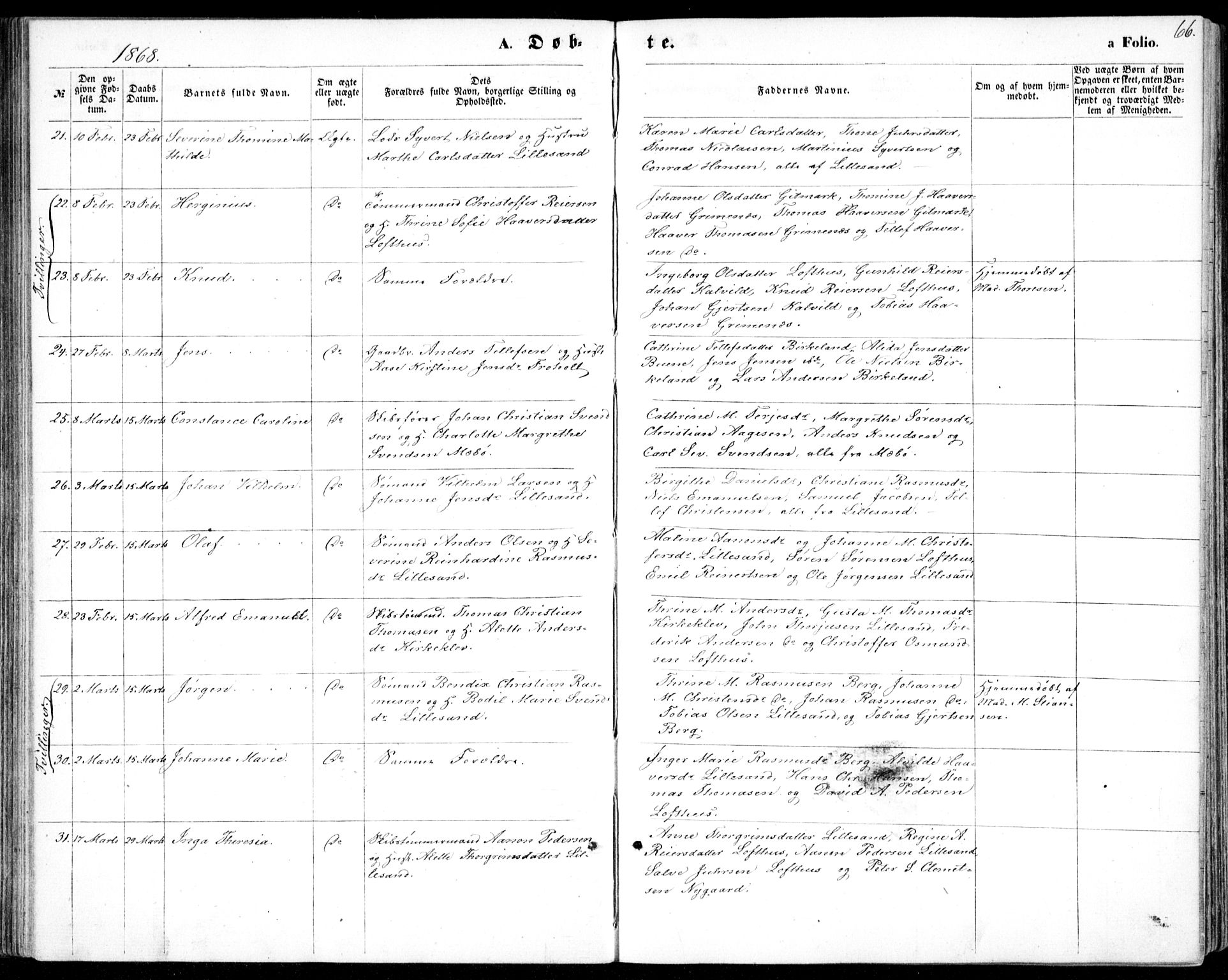 Vestre Moland sokneprestkontor, AV/SAK-1111-0046/F/Fb/Fbb/L0004: Parish register (copy) no. B 4, 1861-1872, p. 66