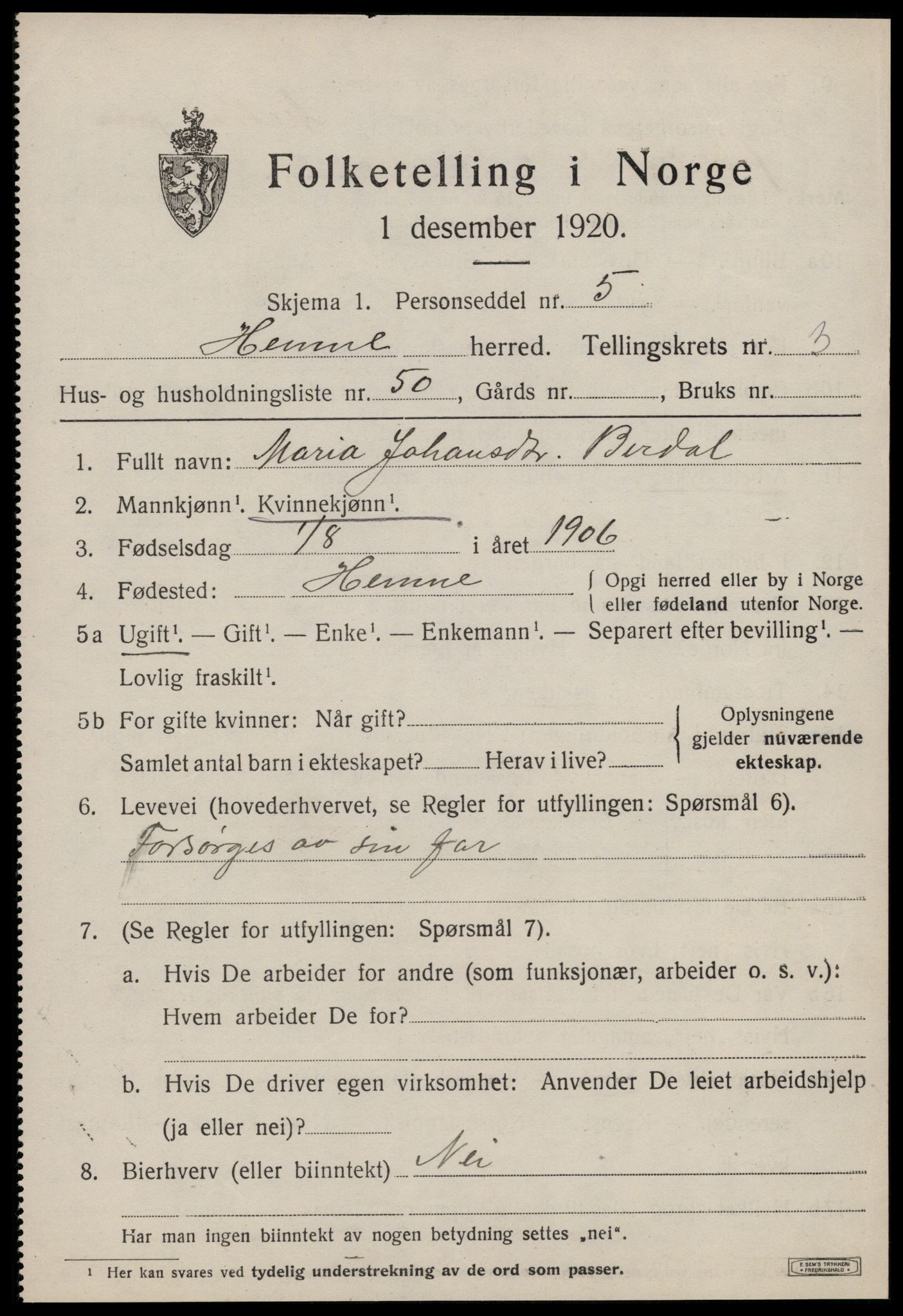 SAT, 1920 census for Hemne, 1920, p. 2842