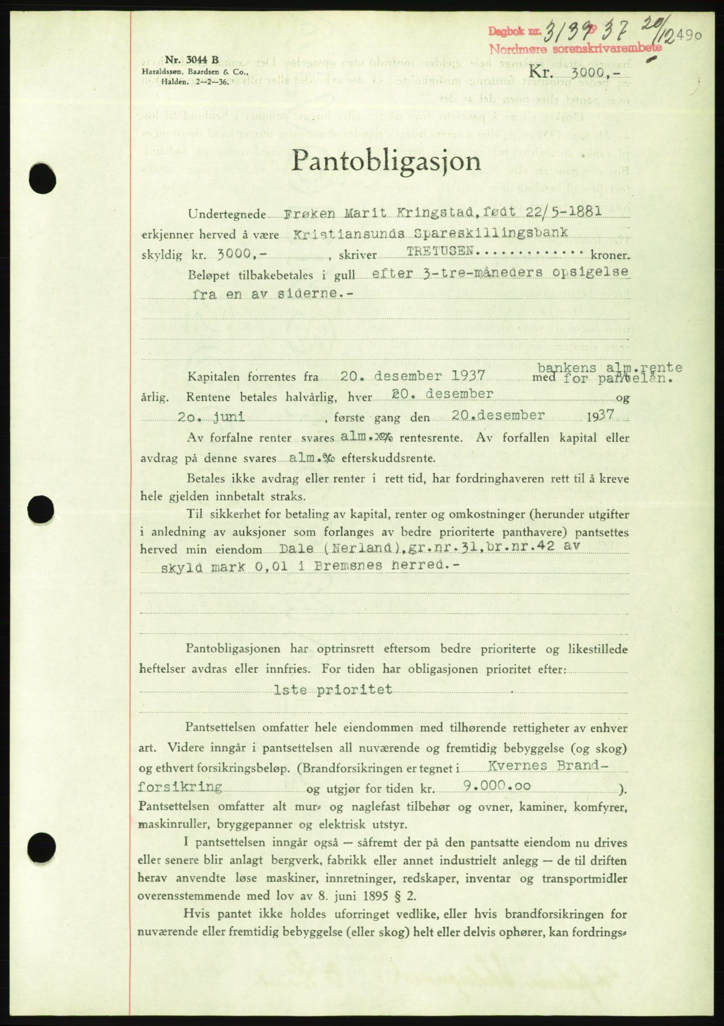 Nordmøre sorenskriveri, AV/SAT-A-4132/1/2/2Ca/L0092: Mortgage book no. B82, 1937-1938, Diary no: : 3139/1937