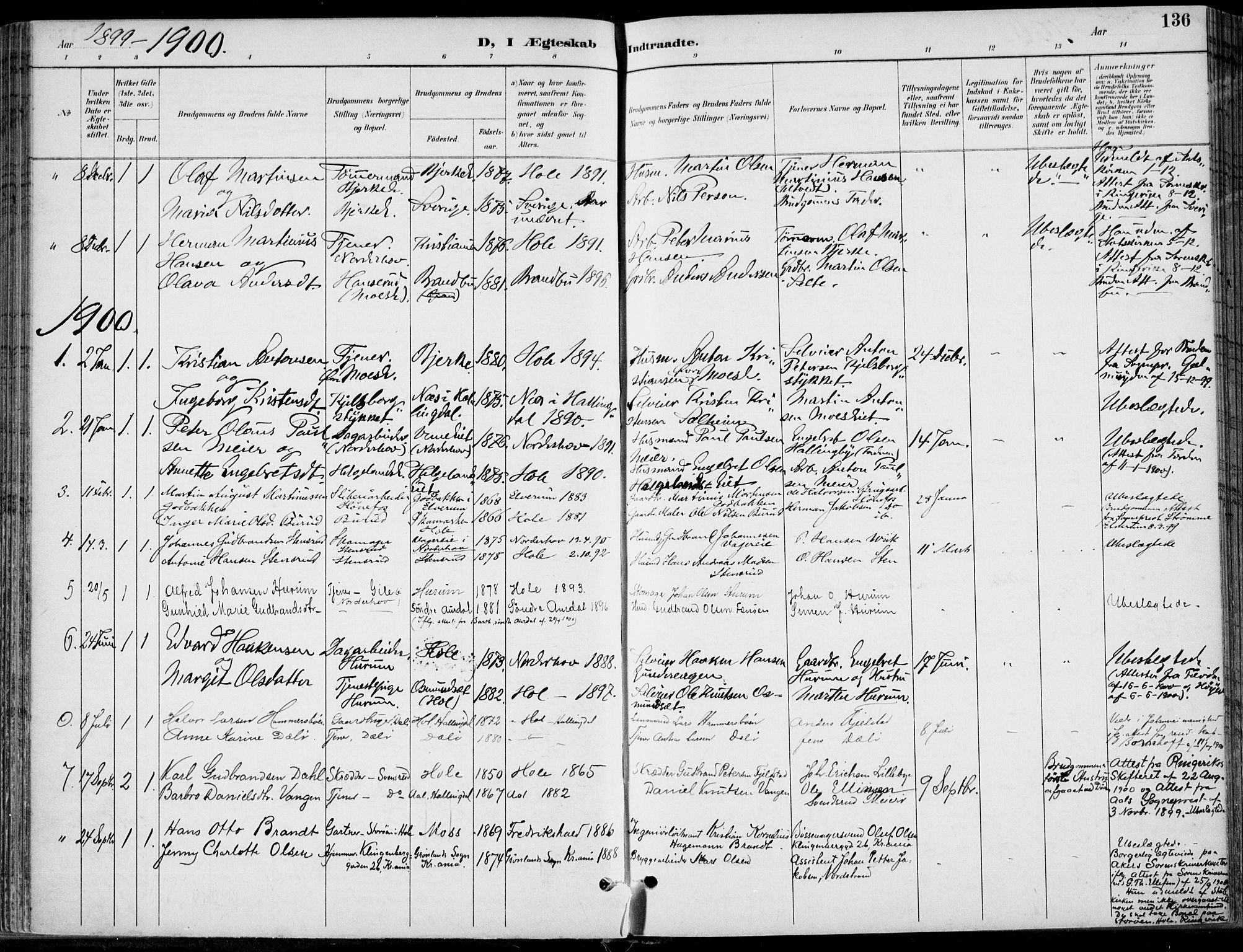 Hole kirkebøker, SAKO/A-228/F/Fa/L0009: Parish register (official) no. I 9, 1892-1907, p. 136