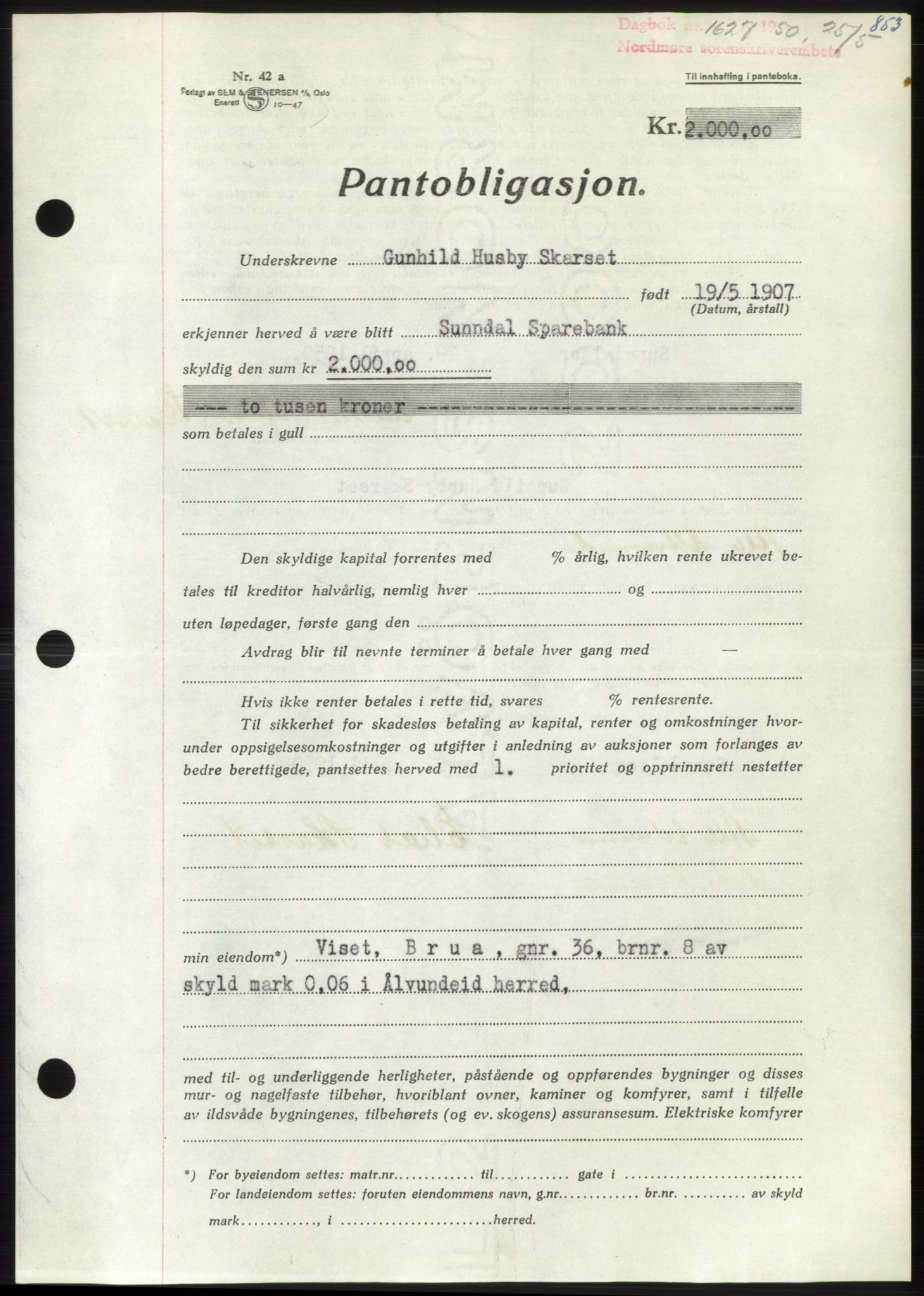 Nordmøre sorenskriveri, AV/SAT-A-4132/1/2/2Ca: Mortgage book no. B104, 1950-1950, Diary no: : 1627/1950