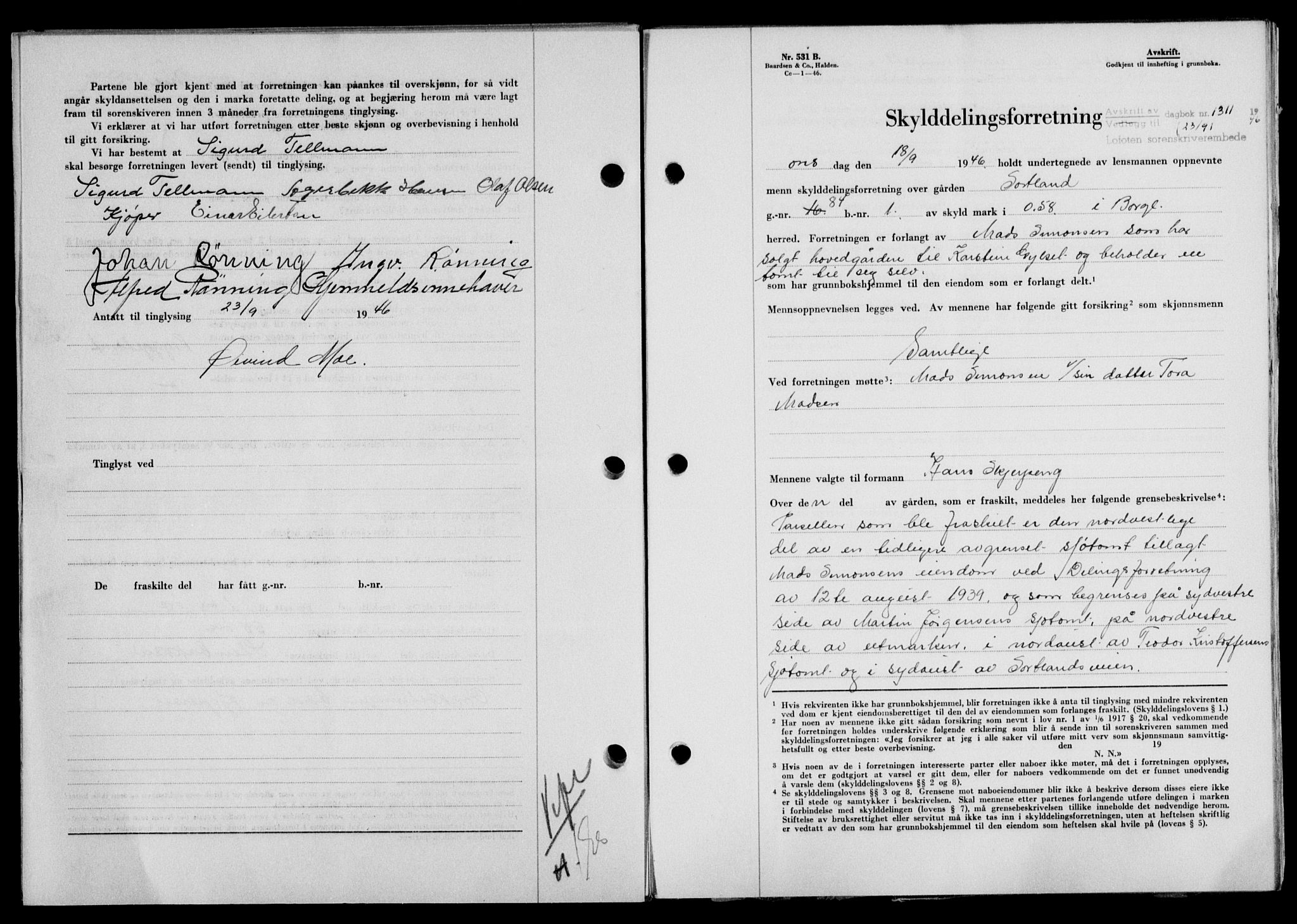 Lofoten sorenskriveri, SAT/A-0017/1/2/2C/L0014a: Mortgage book no. 14a, 1946-1946, Diary no: : 1311/1946