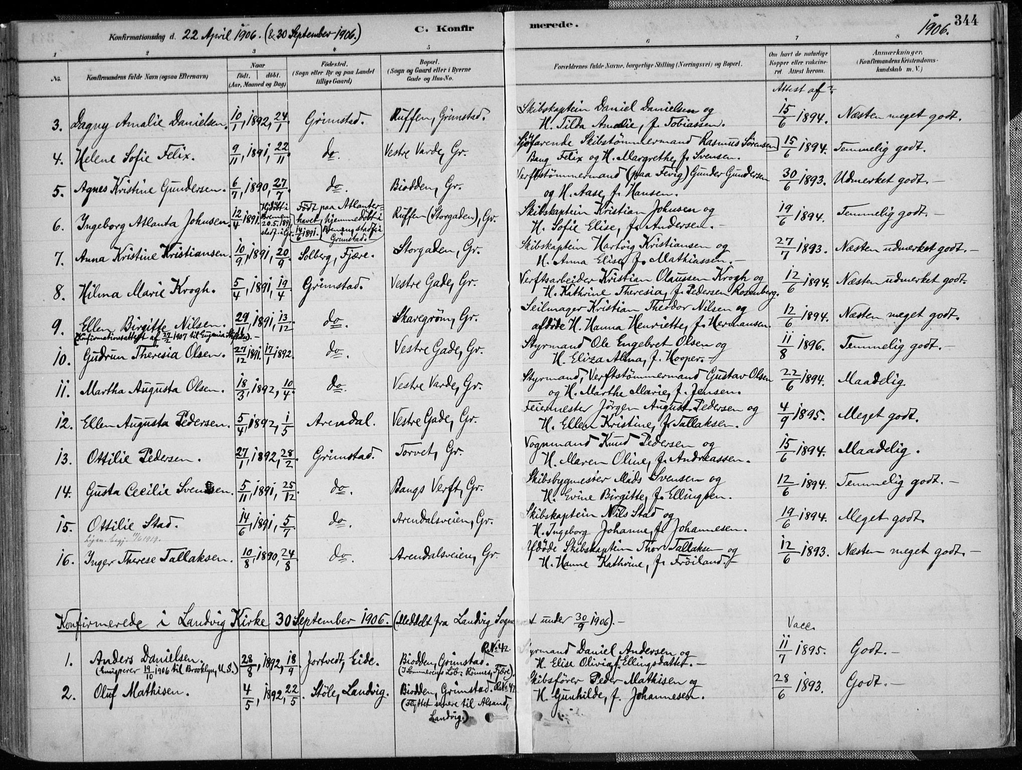 Grimstad sokneprestkontor, AV/SAK-1111-0017/F/Fa/L0003: Parish register (official) no. A 2, 1882-1912, p. 344