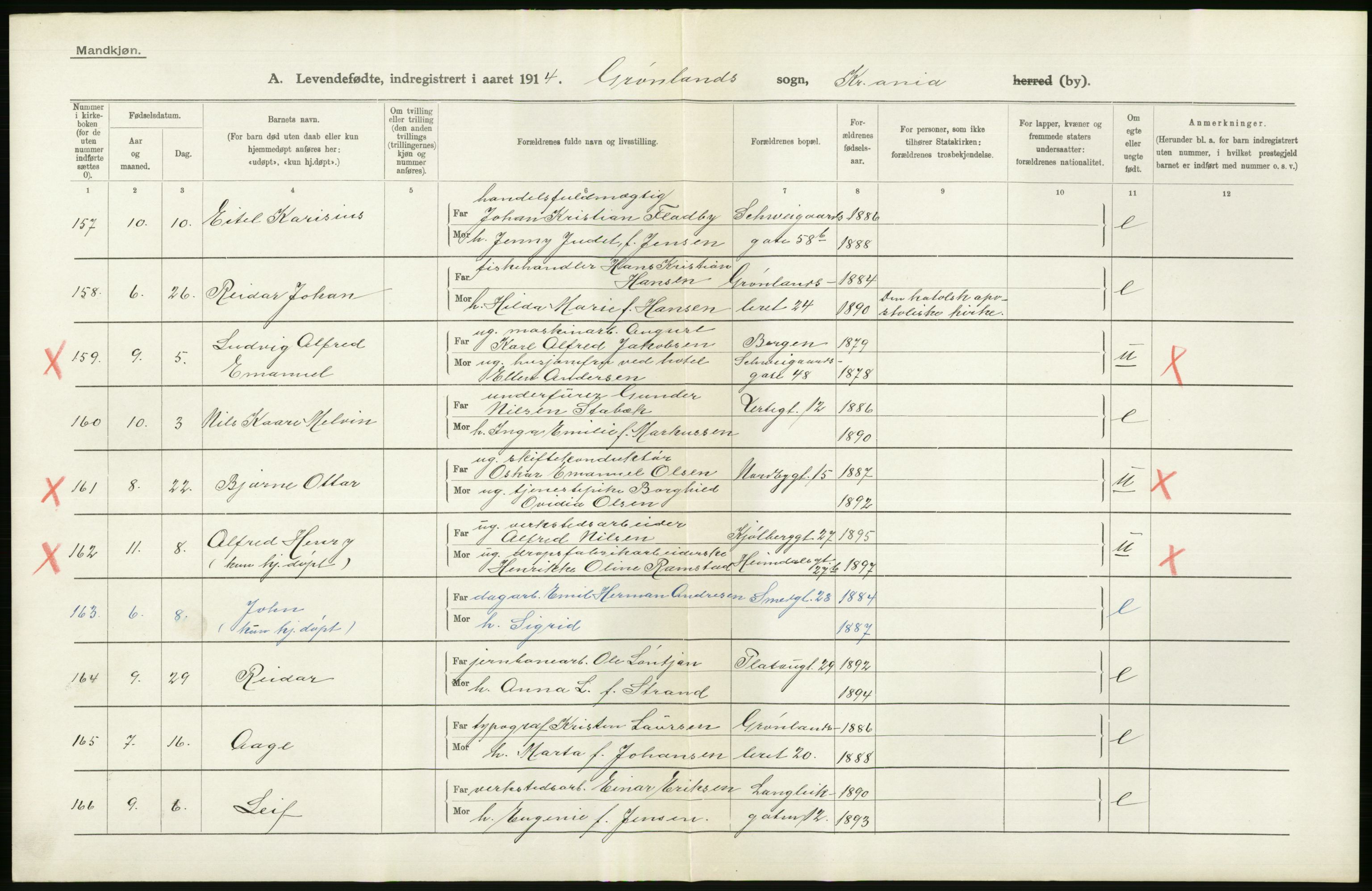 Statistisk sentralbyrå, Sosiodemografiske emner, Befolkning, AV/RA-S-2228/D/Df/Dfb/Dfbd/L0005: Kristiania: Levendefødte menn og kvinner., 1914, p. 604