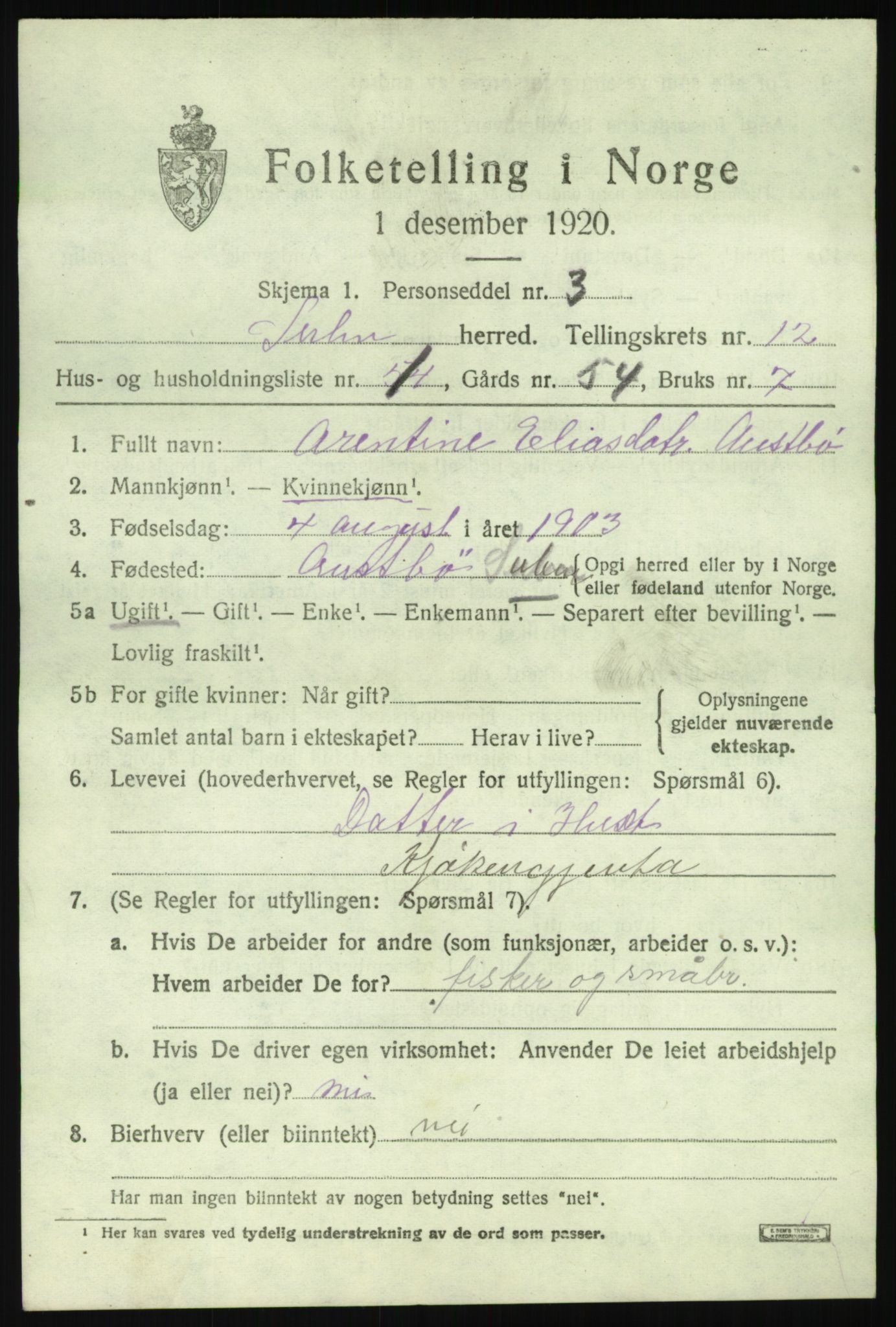 SAB, 1920 census for Solund, 1920, p. 4084