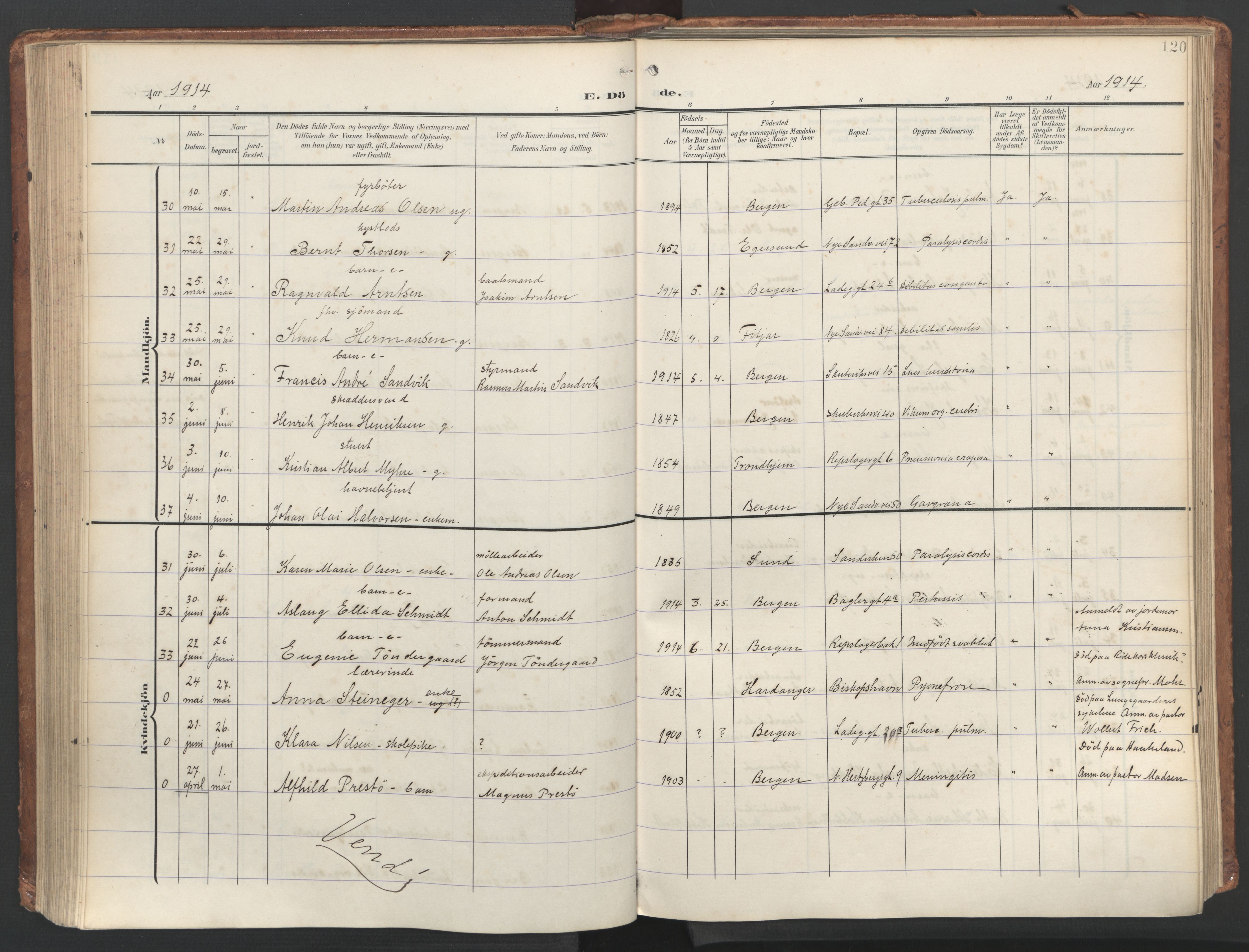 Sandviken Sokneprestembete, AV/SAB-A-77601/H/Ha/L0019: Parish register (official) no. E 2, 1905-1933, p. 120