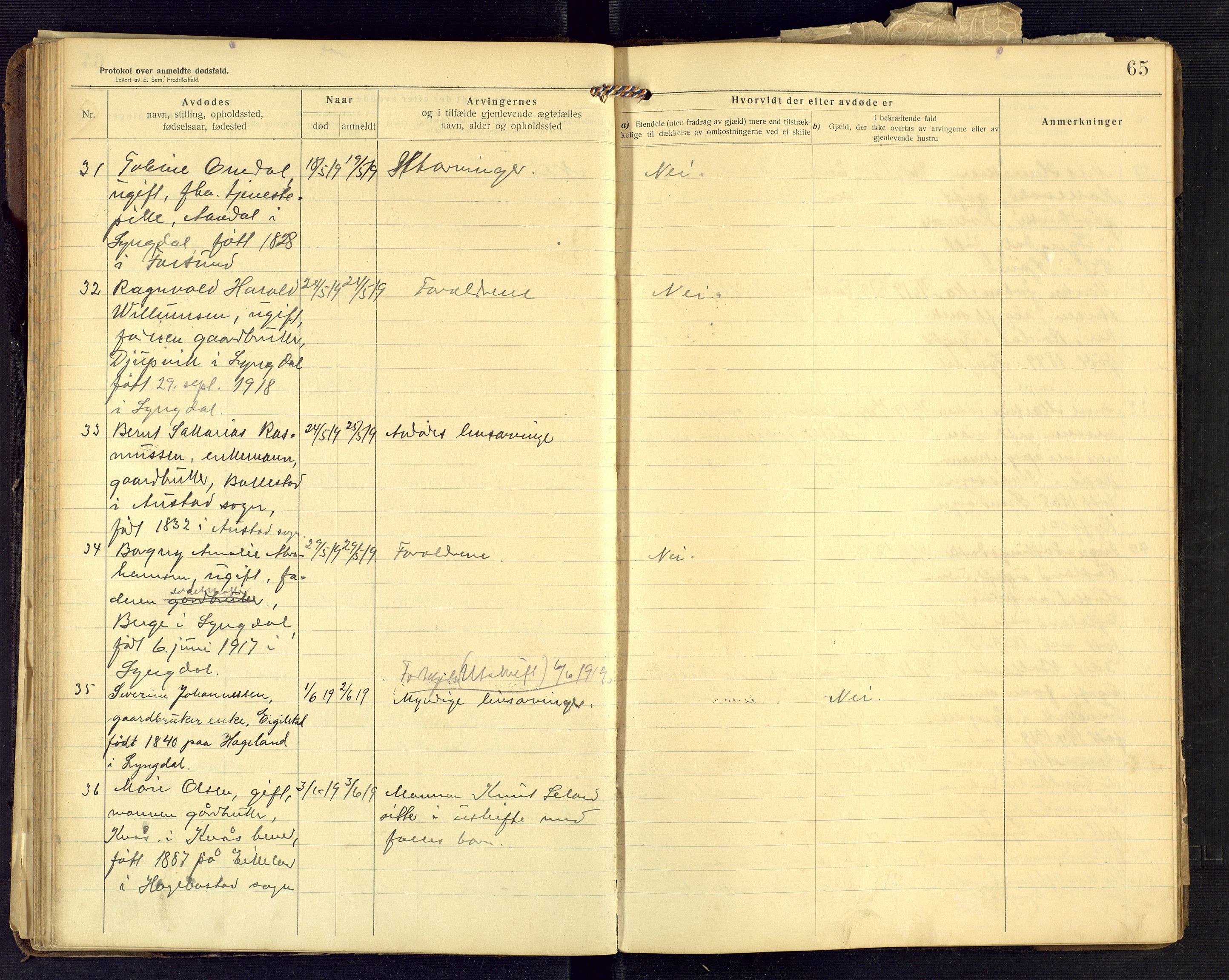 Lyngdal lensmannskontor, AV/SAK-1241-0031/F/Fe/L0001/0003: Dødsfall nr 8 / Dødsfallsprotokoll, 1914-1923, p. 65