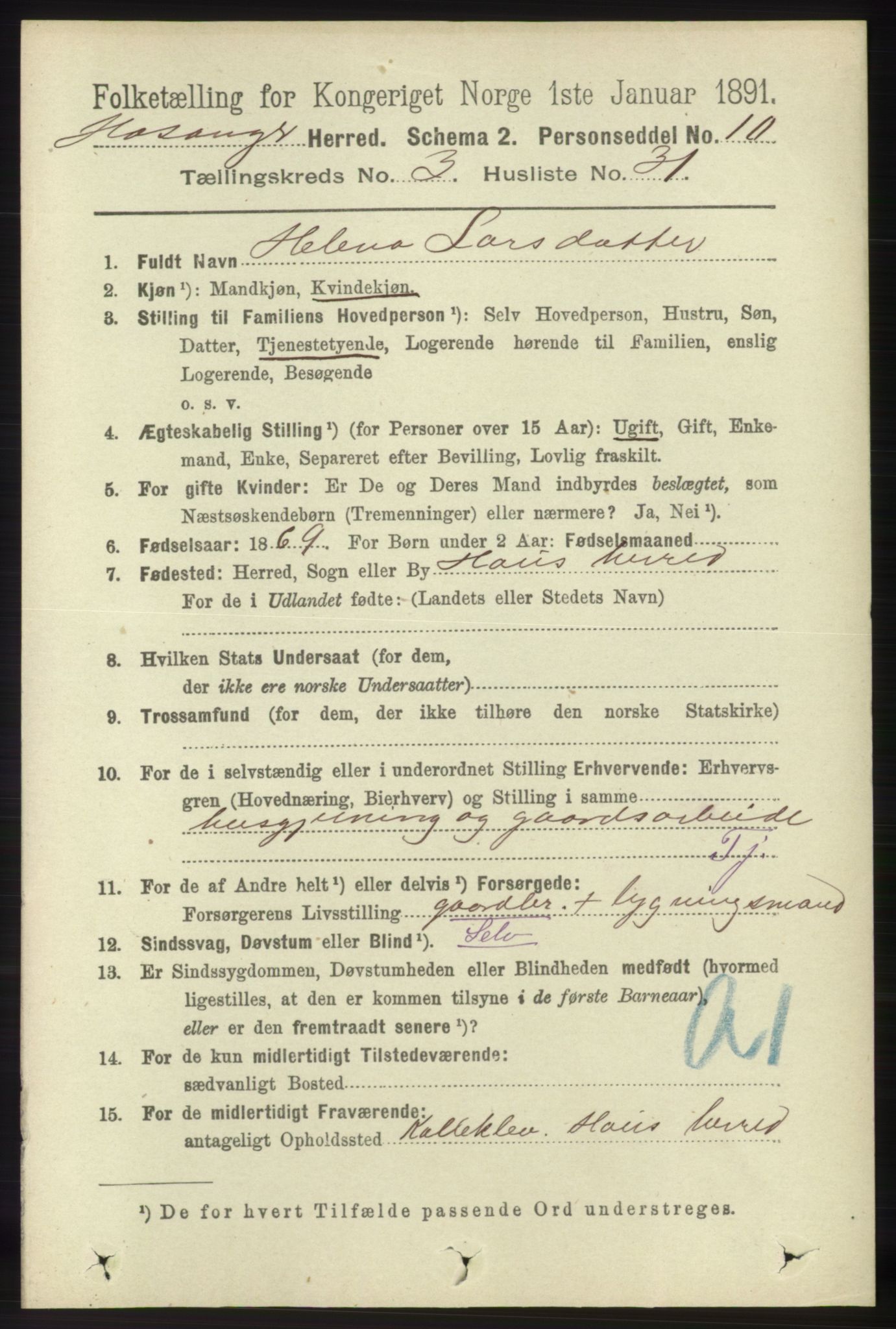 RA, 1891 census for 1253 Hosanger, 1891, p. 1231