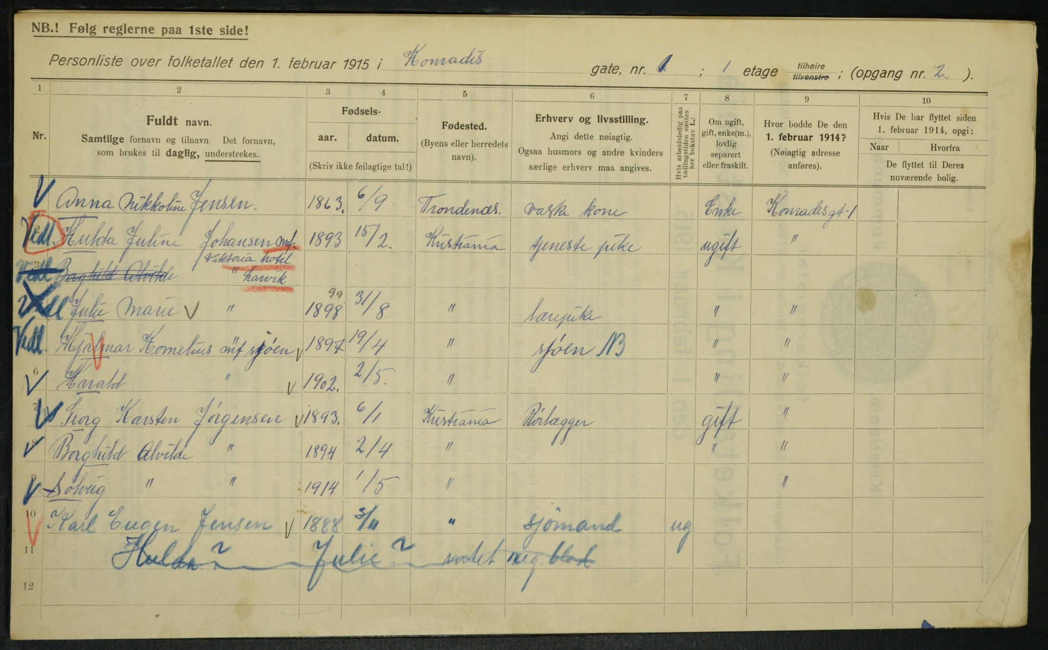 OBA, Municipal Census 1915 for Kristiania, 1915, p. 13295