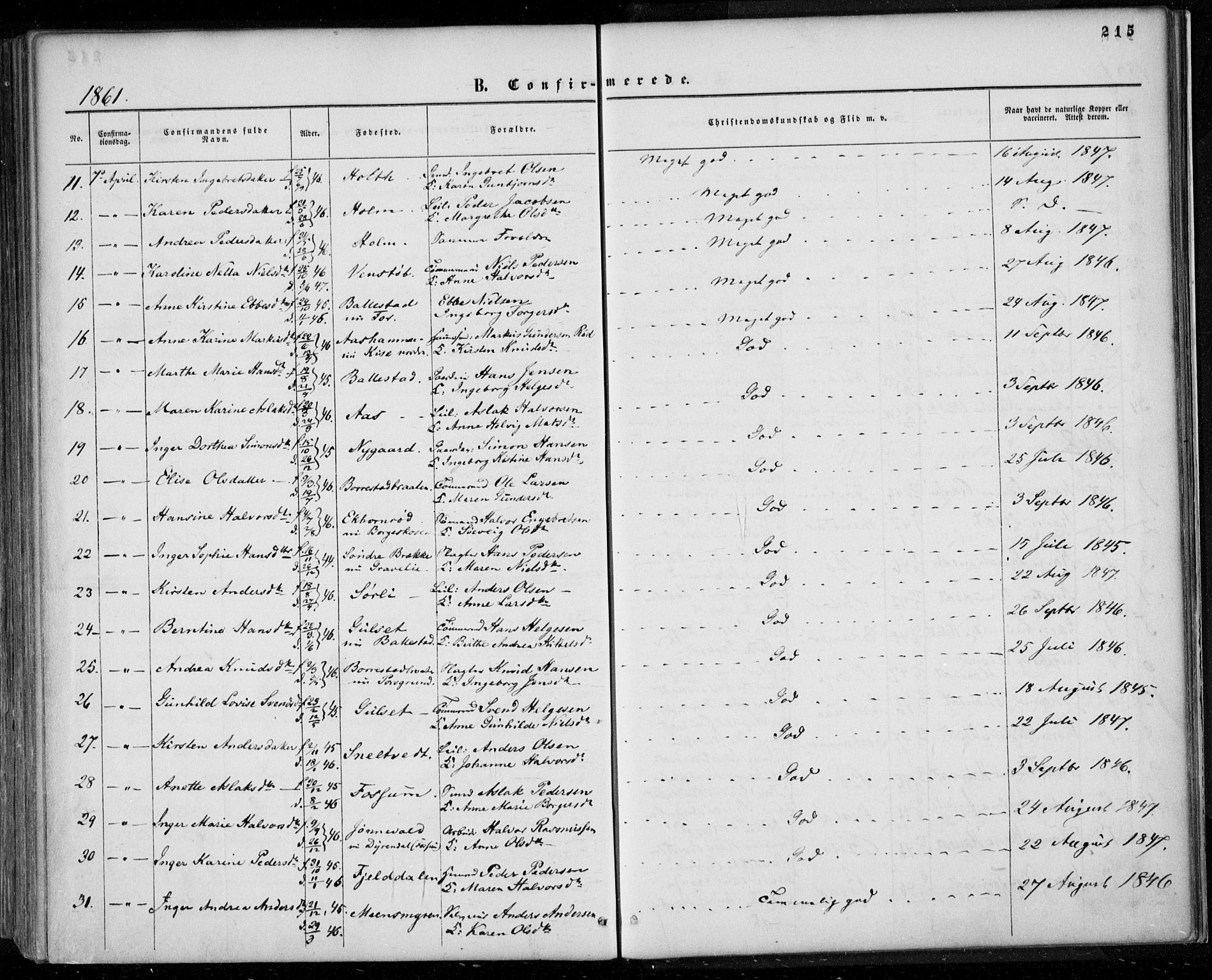 Gjerpen kirkebøker, SAKO/A-265/F/Fa/L0008a: Parish register (official) no. I 8A, 1857-1871, p. 215